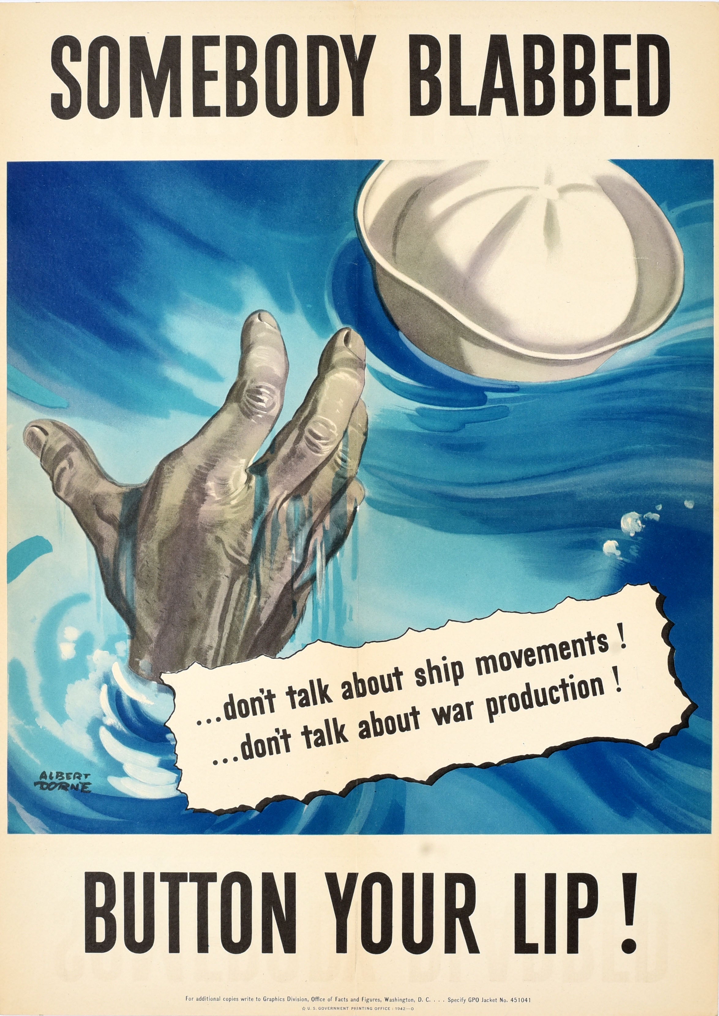 Affiche originale de la guerre mondiale Vintage By Somebody Blabbed Sailor WWII Button Your Lip