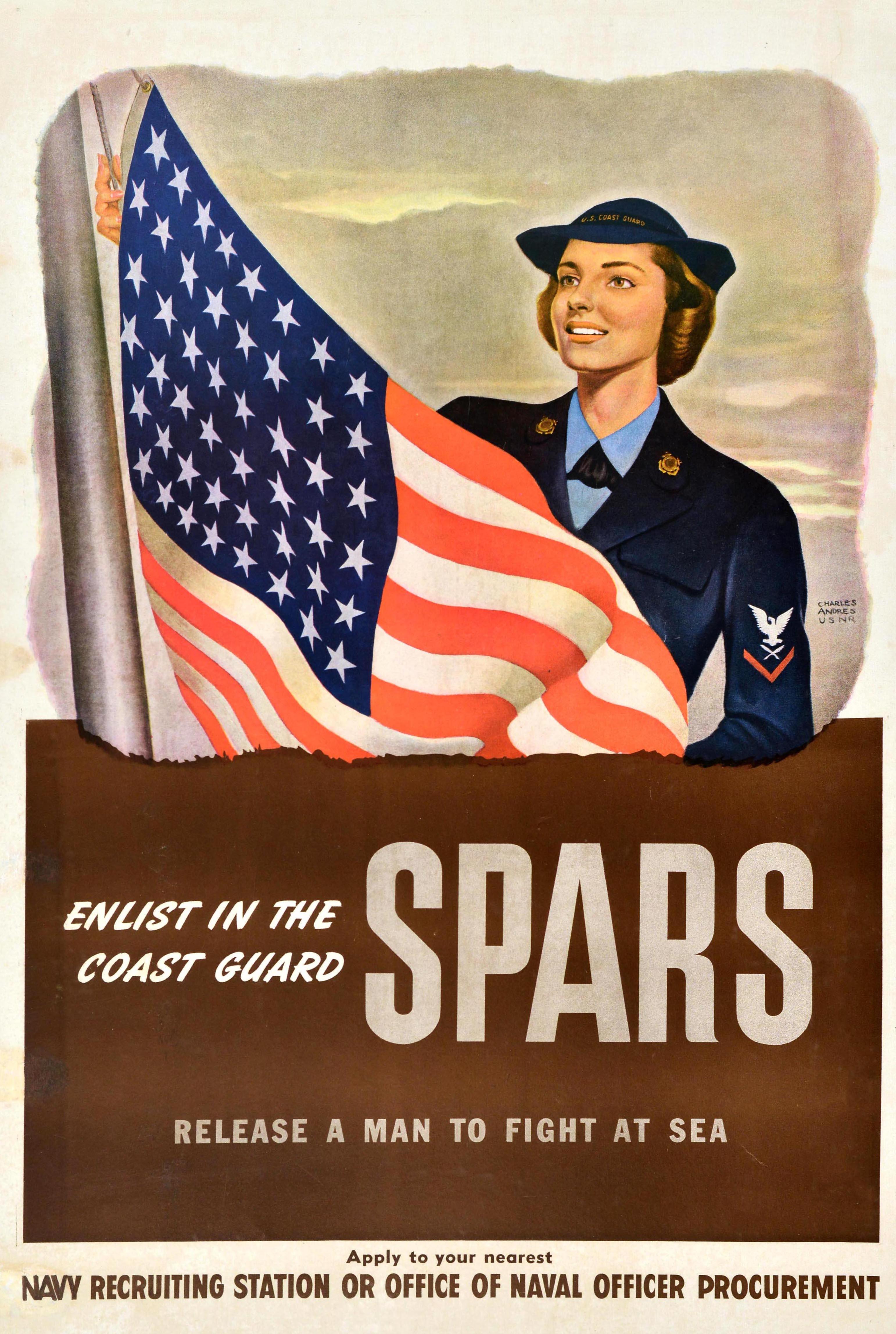 Poster originale d'epoca per il reclutamento della USCG United States Coast Guard Women's Reserve (nota come SPARS dal motto latino USCG Semper Paratus / Always Ready) - Arruolati nella Coast Guard Spars Rilascia un uomo per combattere in mare