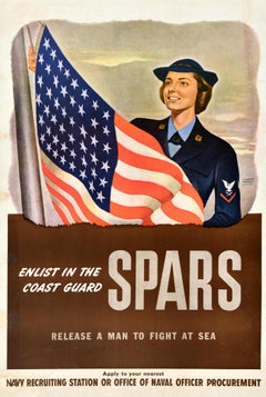 Original Vintage World War Recruitment Poster Spars Coast Guard USA Navy WWII