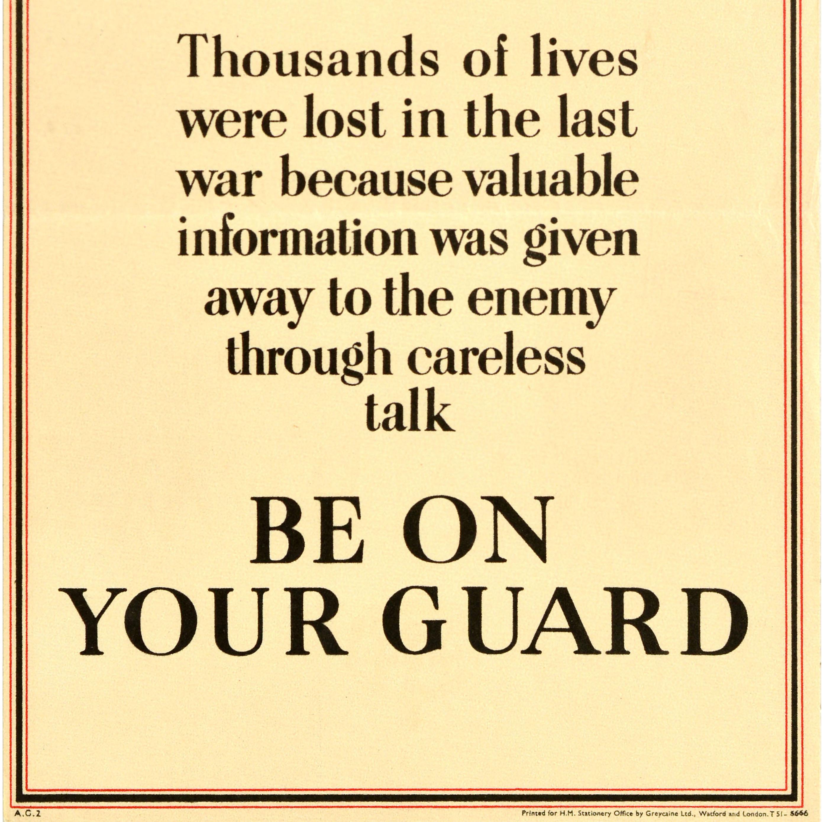 Poster originale d'epoca sul fronte interno della Seconda Guerra Mondiale: Avvertitevi di stare in guardia WWII In condizioni buone in vendita a London, GB