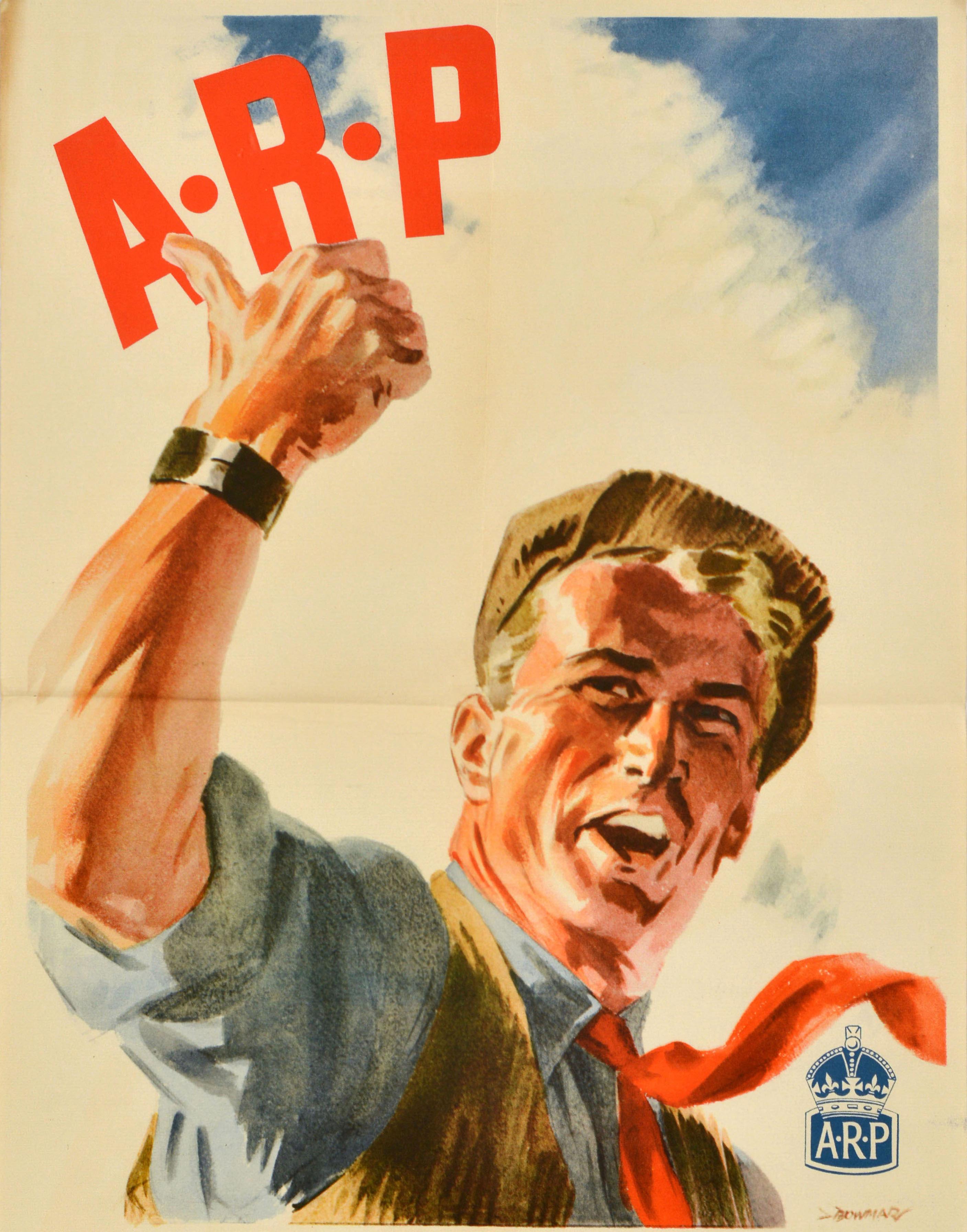 Originalplakat aus dem Zweiten Weltkrieg - ARP Here's A Man's Job - mit einer Illustration eines Mannes in blauem Hemd, roter Krawatte und flacher Mütze, der den Daumen nach oben zeigt, wobei sein Daumen auf die fetten roten ARP-Buchstaben auf einer