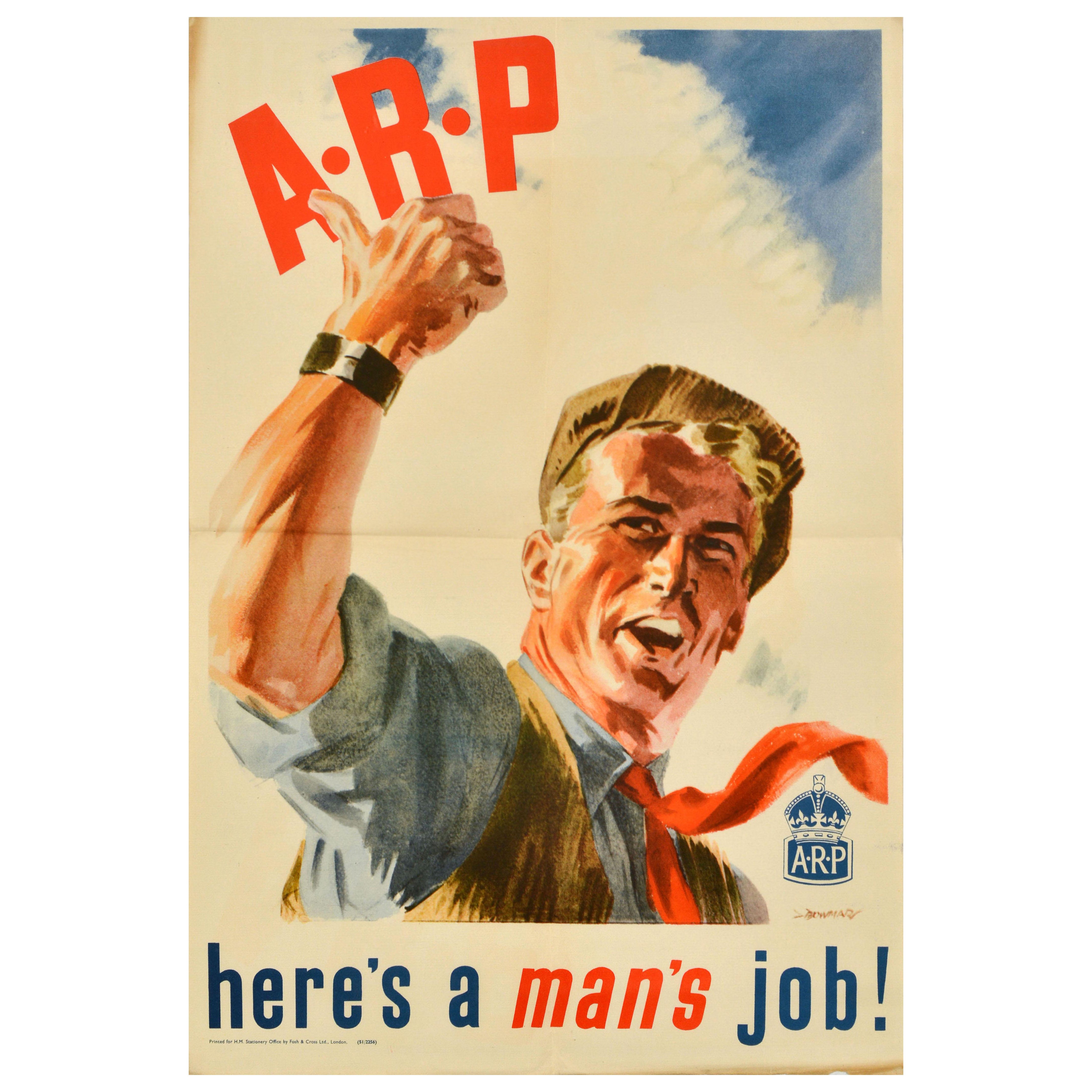 Original Vintage World War Two Poster ARP Here's A Mans Job WWII Air Raid UK