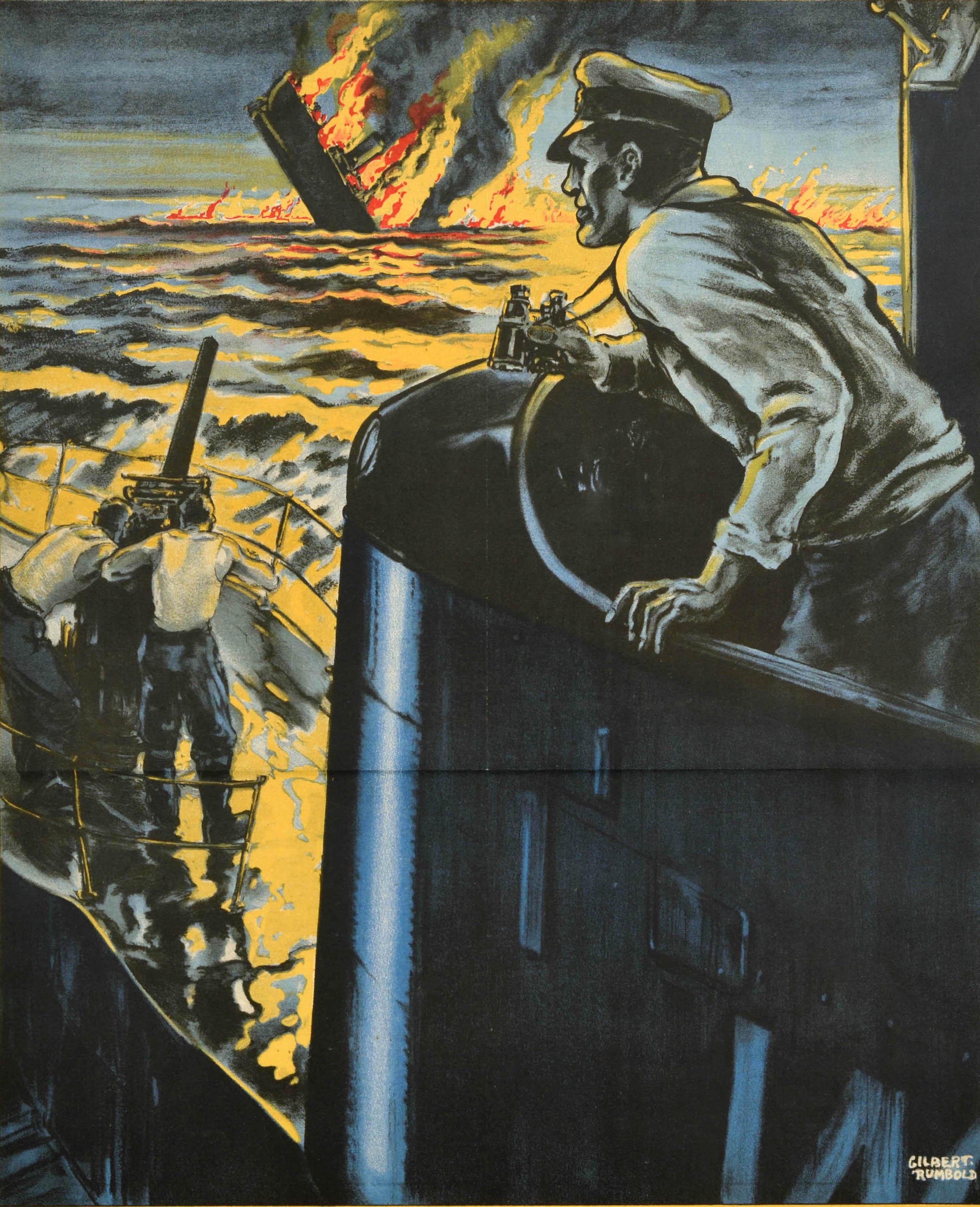 Cartel original de época de la Segunda Guerra Mundial - ¡Atrás! En el Mediterráneo, los submarinos británicos han causado grandes estragos en la navegación del Eje - con una dramática imagen naval de un capitán de submarino de la Royal Navy