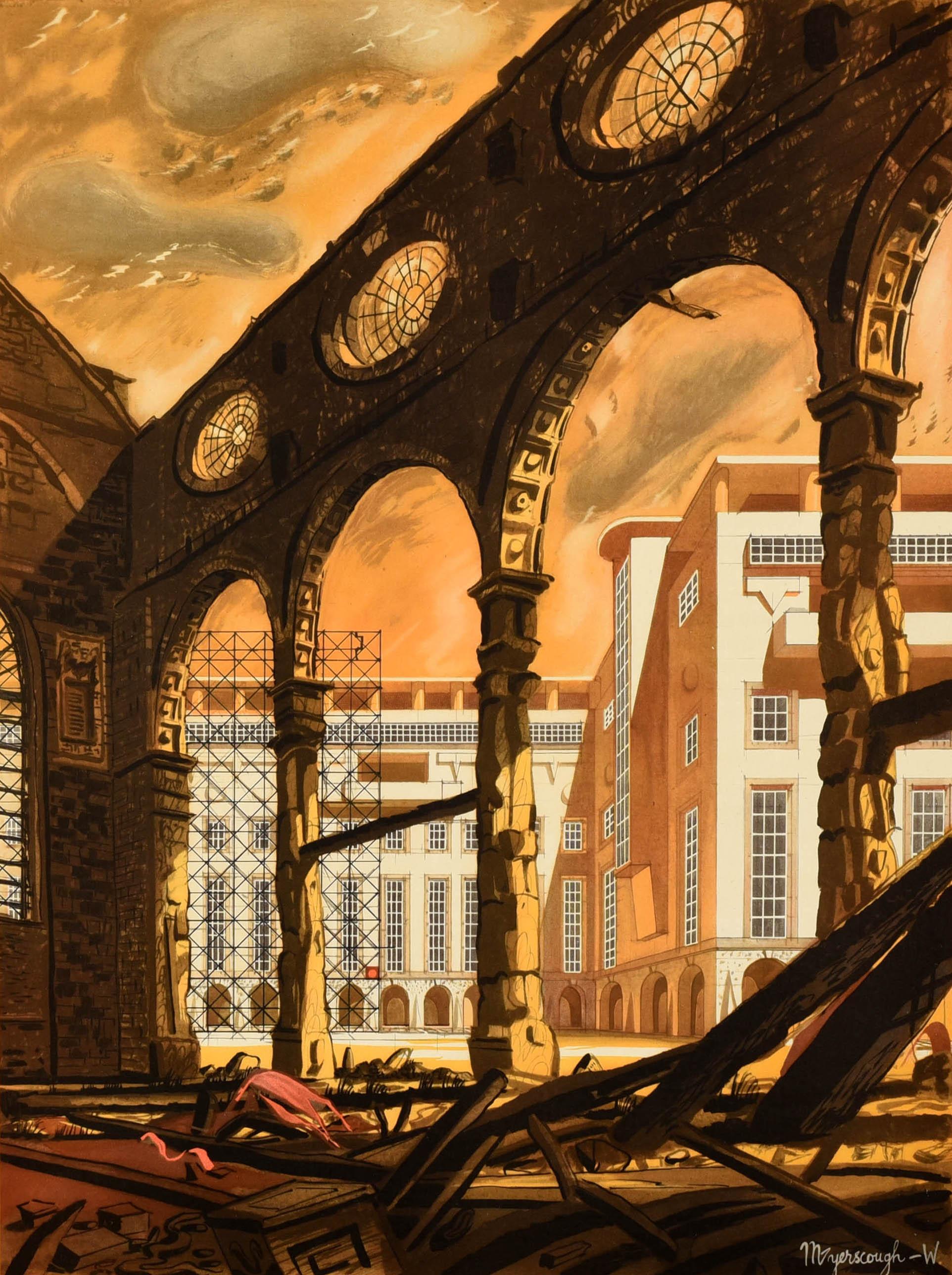 Original vintage World War Two poster - To Build for Prosperity ... Save Now - featuring an old church building in ruins with scaffolding and new buildings visible through the remaining pillars below a dramatic orange sky From an original by