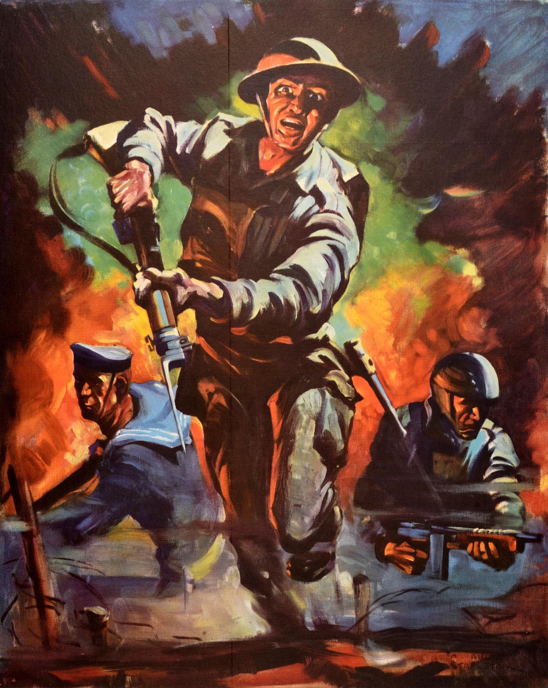 Original vintage World War Two poster - Buy Victory Bonds - featuring a dynamic battle scene with explosions in the background and three men in military uniform armed with guns charging forward over barbed wire, an army soldier in the centre with a