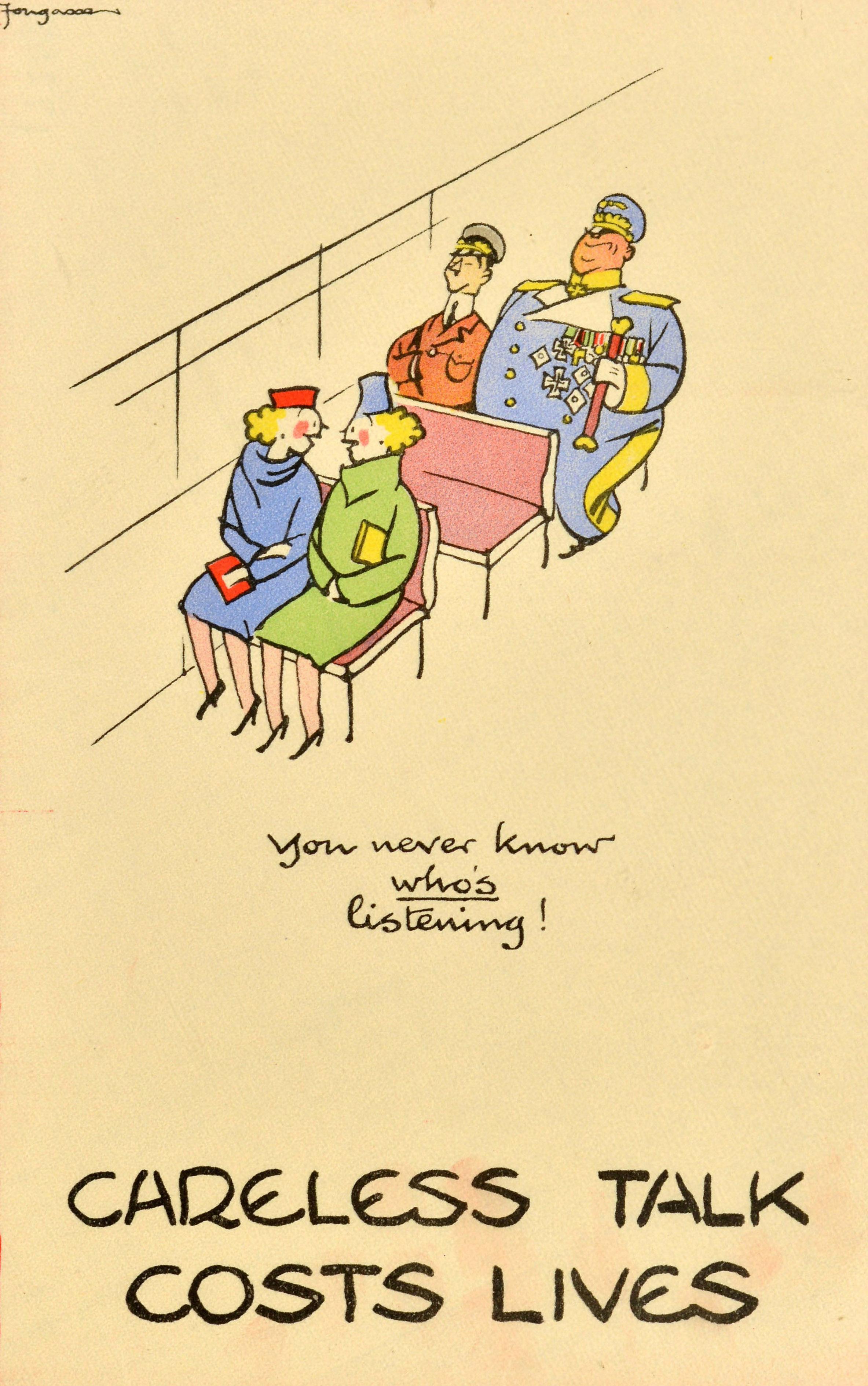 Poster originale d'epoca della Seconda Guerra Mondiale del noto vignettista e illustratore britannico Fougasse (Cyril Kenneth Bird; 1887-1965) della popolare e iconica serie di propaganda bellica Careless Talk Costs Lives pubblicata dal Ministero