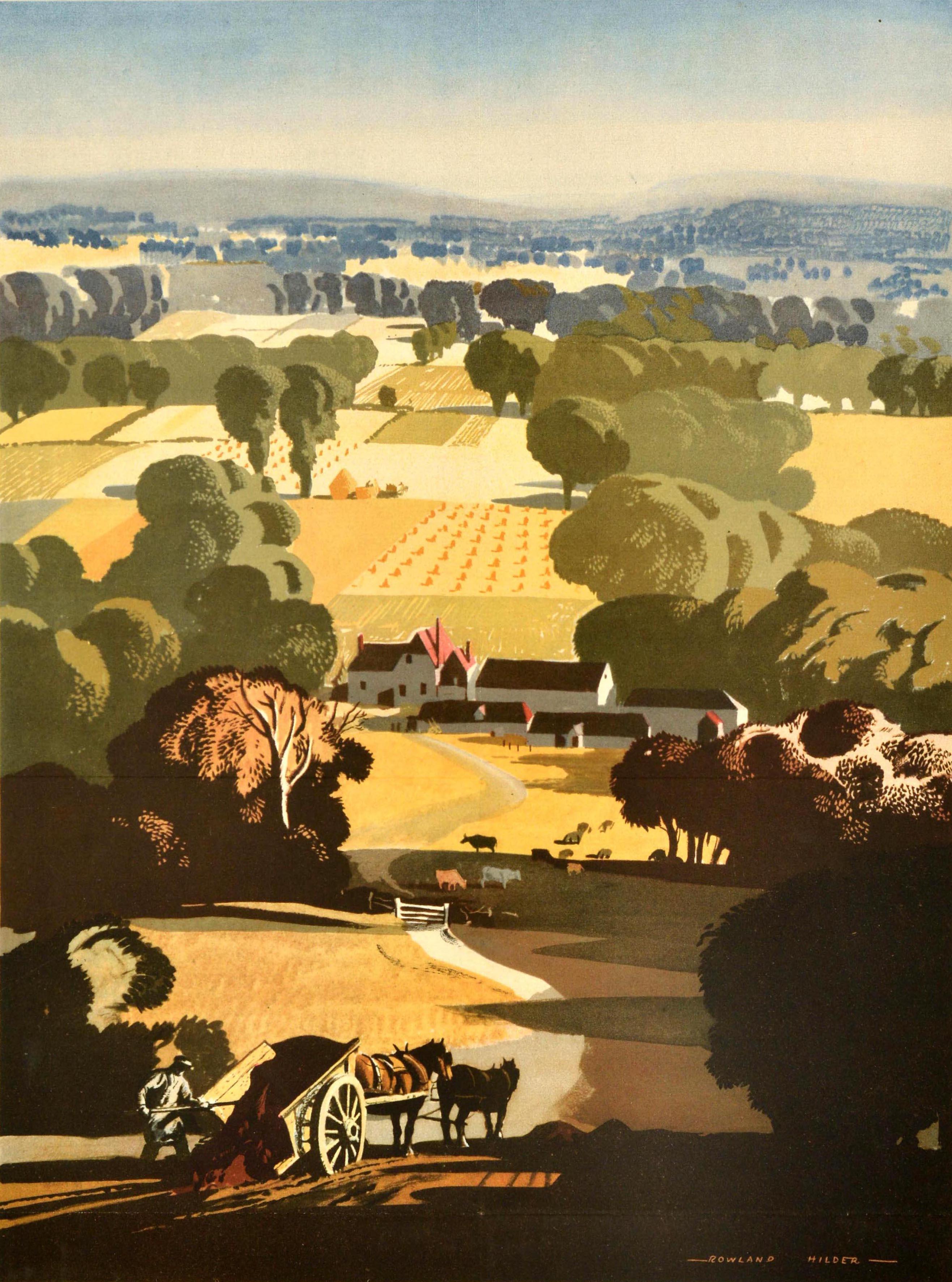 Original vintage World War Two poster - To Enjoy the Fruits of Victory Save Now - featuring a countryside illustration From the original by Rowland Hilder (1905-1993) depicting a rural landscape with a farmer and a horse draw cart in the foreground,