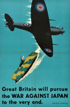 Original Vintage World War Two Poster Great Britain Will Pursue Japan WWII Plane