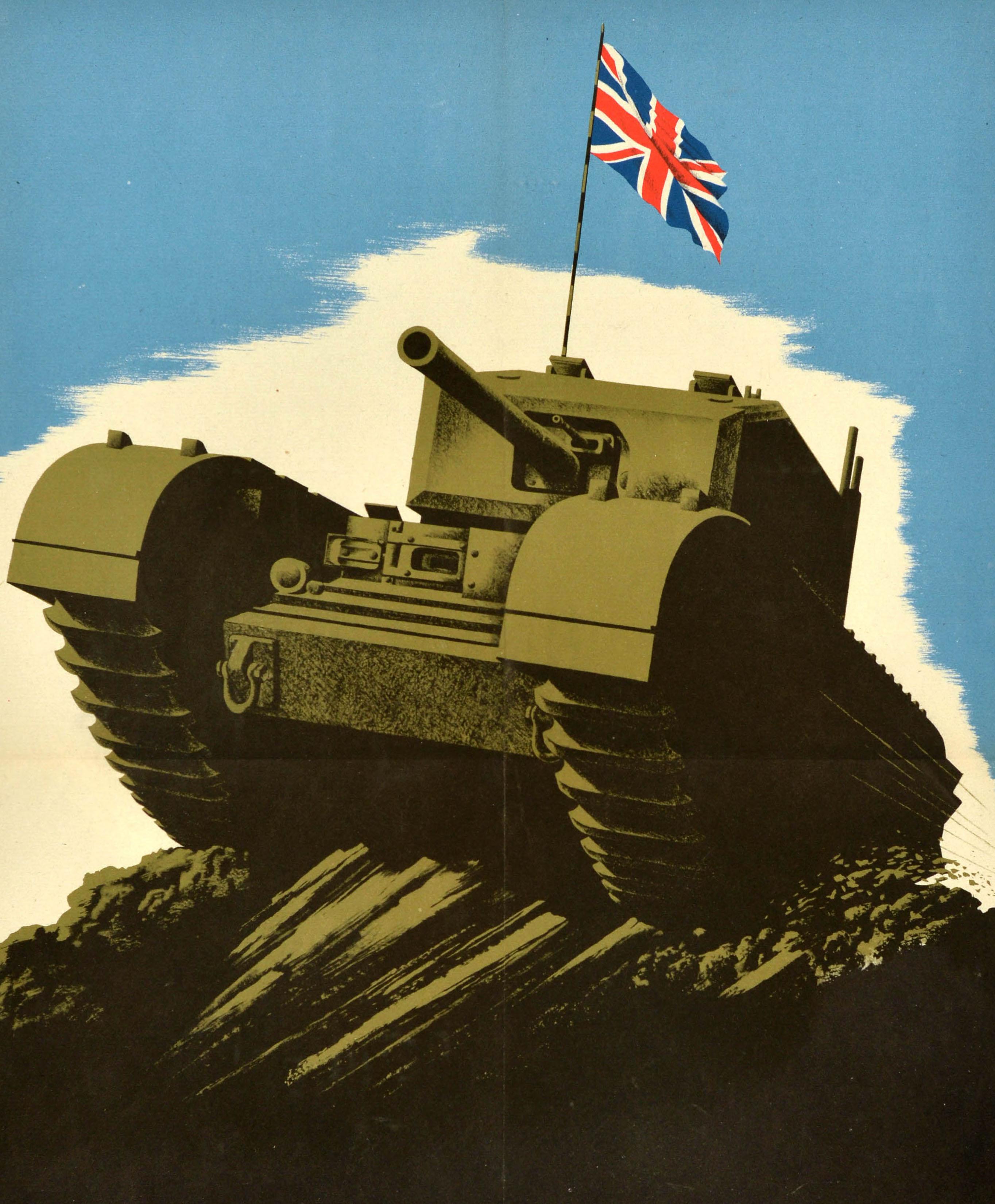 Originalplakat aus dem Zweiten Weltkrieg mit der Illustration eines Militärpanzers, der mit hoher Geschwindigkeit über einen Hügel fährt, wobei die Flagge des Vereinigten Königreichs, der Union Jack, vor dem blauen Himmel weht. Auf dem schwarzen