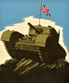 Original Vintage World War Two Poster Great Britain Will Pursue Japan WWII Tank