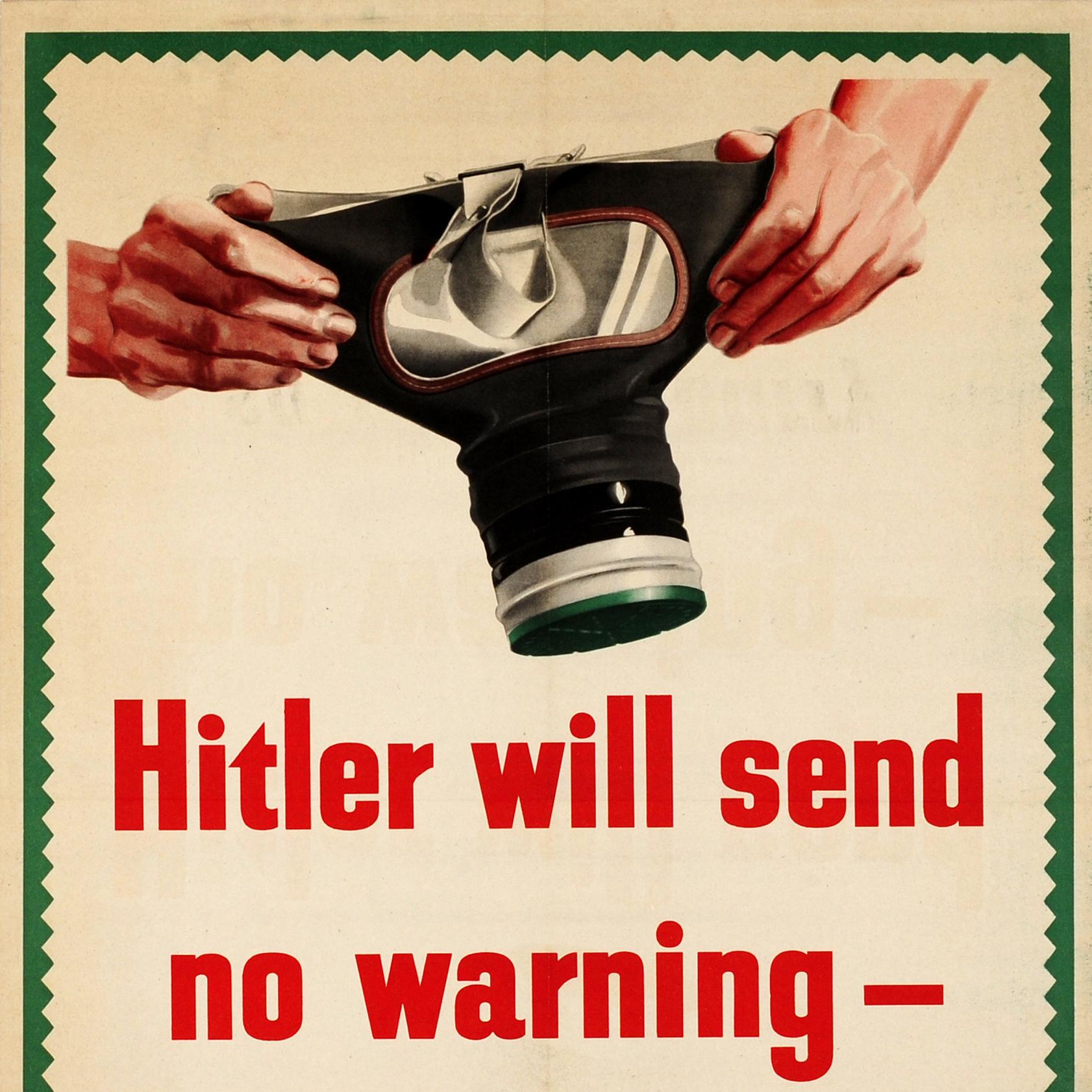 Britannico Poster originale della Seconda Guerra Mondiale Hitler non invierà alcuna maschera antigas WWII