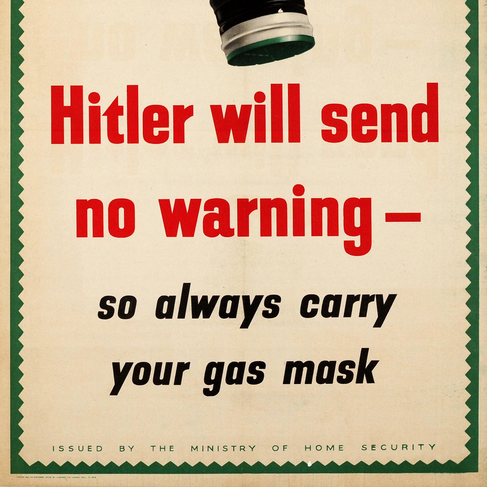 Poster originale della Seconda Guerra Mondiale Hitler non invierà alcuna maschera antigas WWII In condizioni buone a London, GB