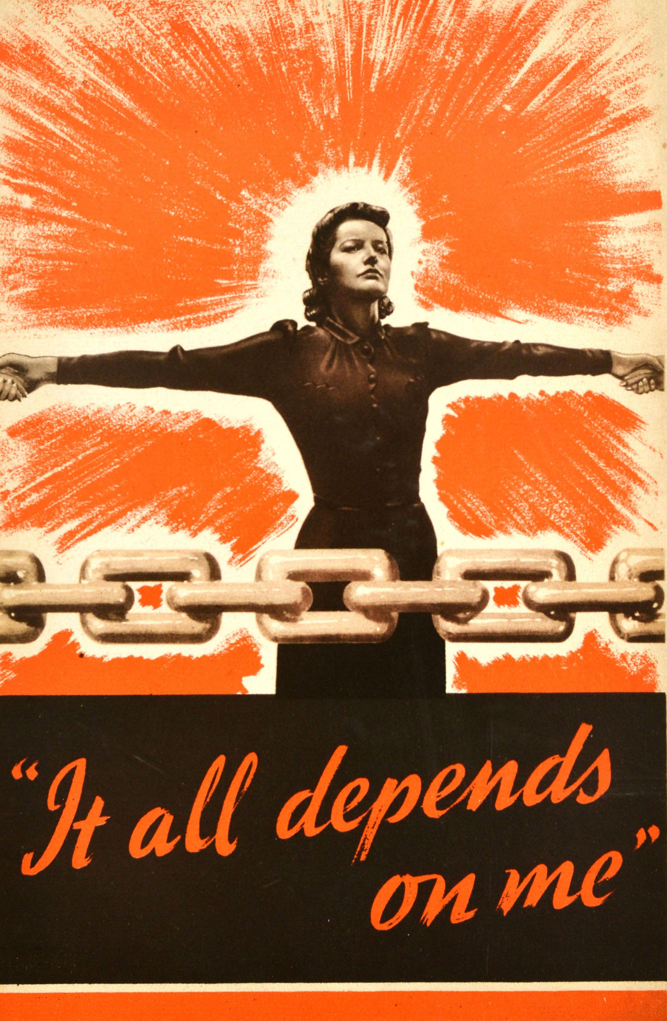 Poster originale d'epoca del fronte interno della Seconda Guerra Mondiale - It All Depends On Me - con l'illustrazione di una donna che tiene le braccia aperte e si tiene per mano con altre persone su uno sfondo arancione dinamico, una pesante