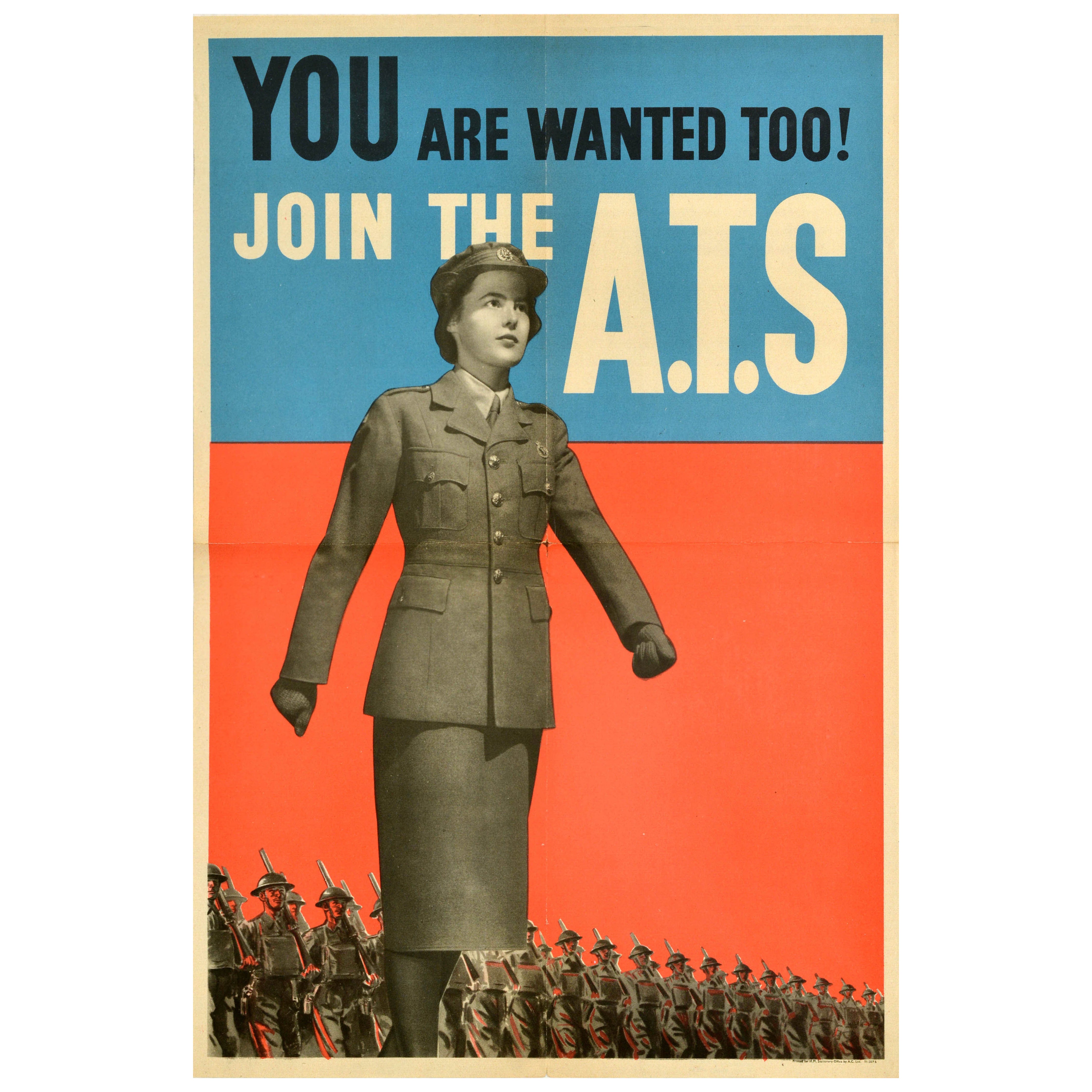 Poster originale della Seconda Guerra Mondiale Vintage By Join The ATS You Are Wanted Too WWII