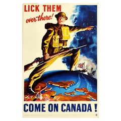 Original Vintage World War Two Poster Lick Them Over There WWII Canada Soldier