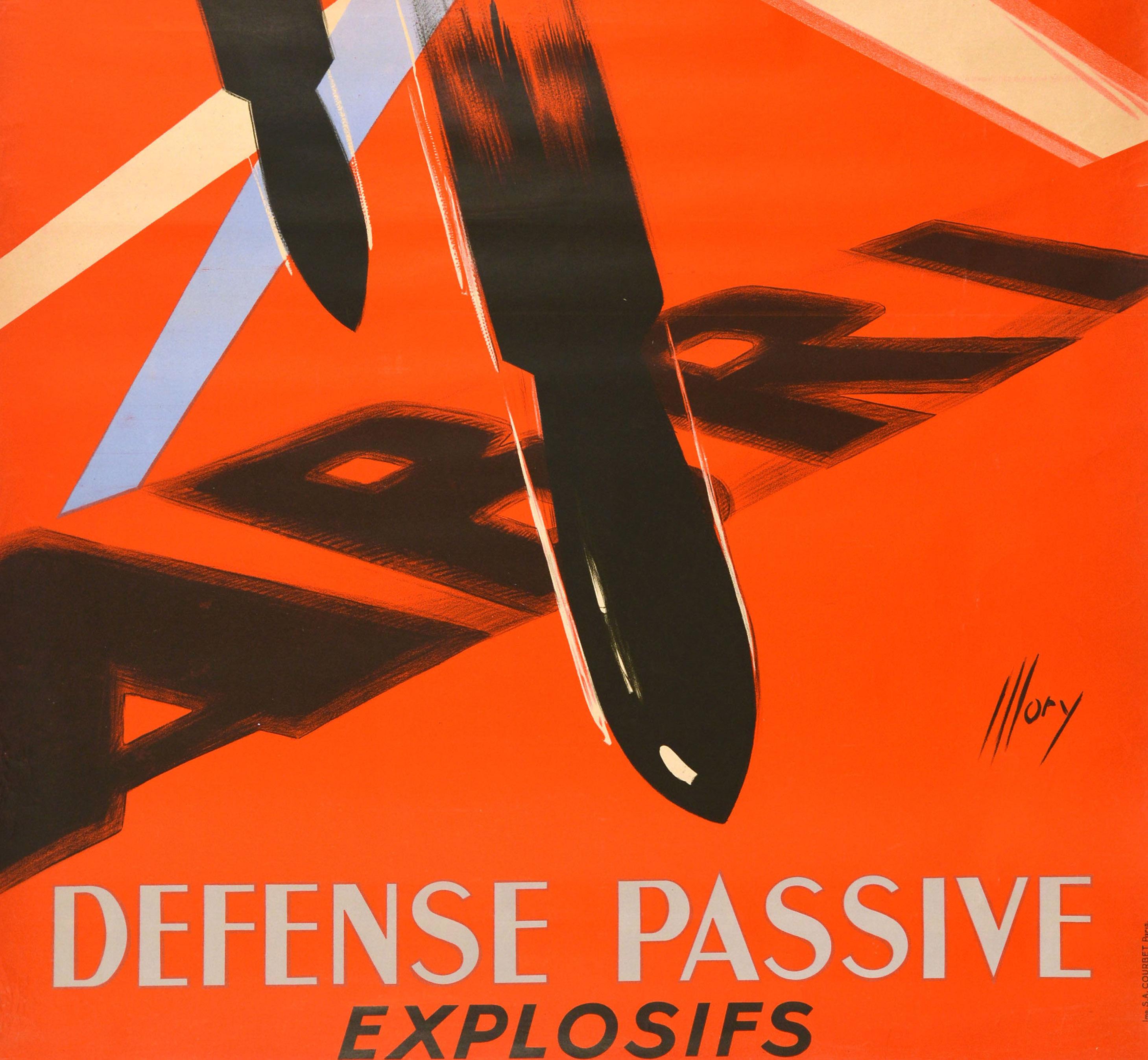 Original vintage World War Two poster - Abri Defense Passive Explosifs / Explosives Passive Defence Shelter - featuring a dynamic design depicting searchlights shining up and bombs flying down from a plane over the word Abri / Shelter in flat