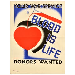 Original Vintage World War Two Poster Ihr Kriegsdienst Blut ist Leben WWII Spender