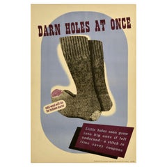Original Vintage World War Two Propaganda Poster Darn Holes At Once WWII Coupon
