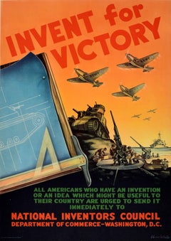 Original Vintage World War Two Propaganda Poster Invent For Victory WWII USA