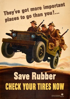 Original-Vintage-Propagandaplakat aus dem Zweiten Weltkrieg: „Save Rubber“ – Willys-Jeep, Zweiter Weltkrieg, USA