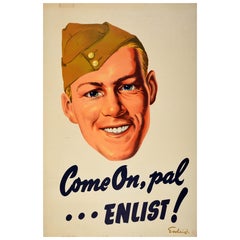 Original Vintage World War Two Recruitment Poster Come On Pal Enlist WWII Canada