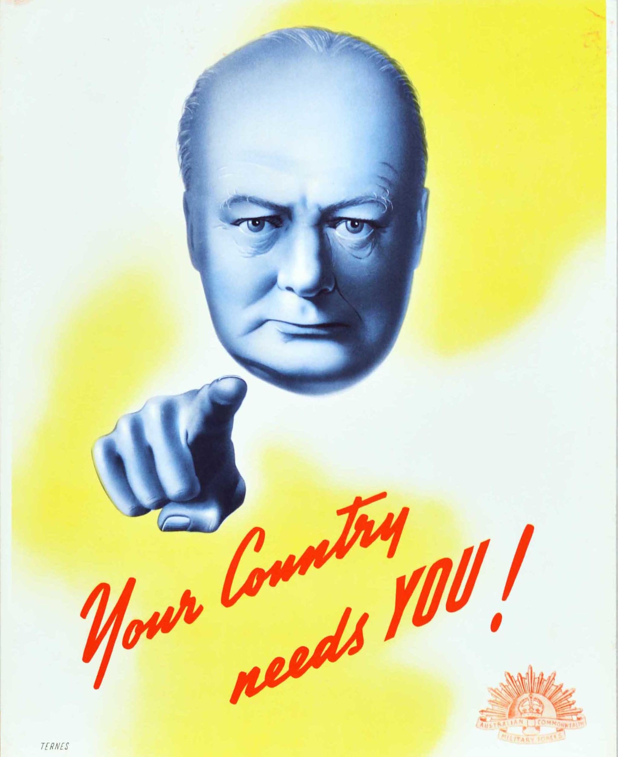 Original vintage World War Two recruitment propaganda poster for the Second Australian Imperial Force (2nd AIF; 1939-1947) voluntary military forces - Your Country needs you! Join the AIF now! Design features an image in shades of blue depicting