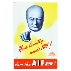 Affiche de propagande vintage originale de recrutement de la Seconde Guerre mondiale - Join AIF Churchill