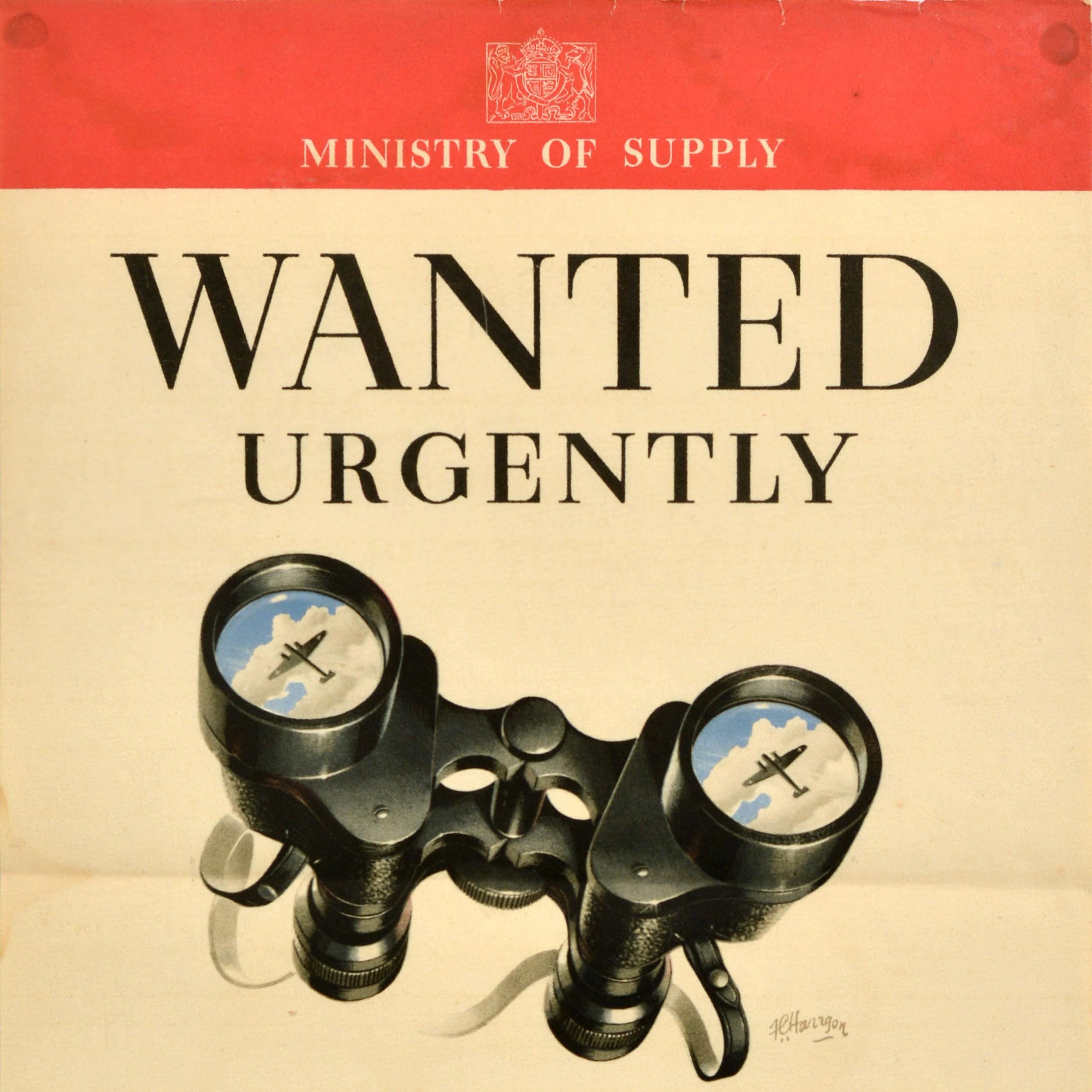 Original Vintage Cartel de Suministros de la Segunda Guerra Mundial Se buscan prismáticos urgentemente Segunda Guerra Mundial Británico en venta