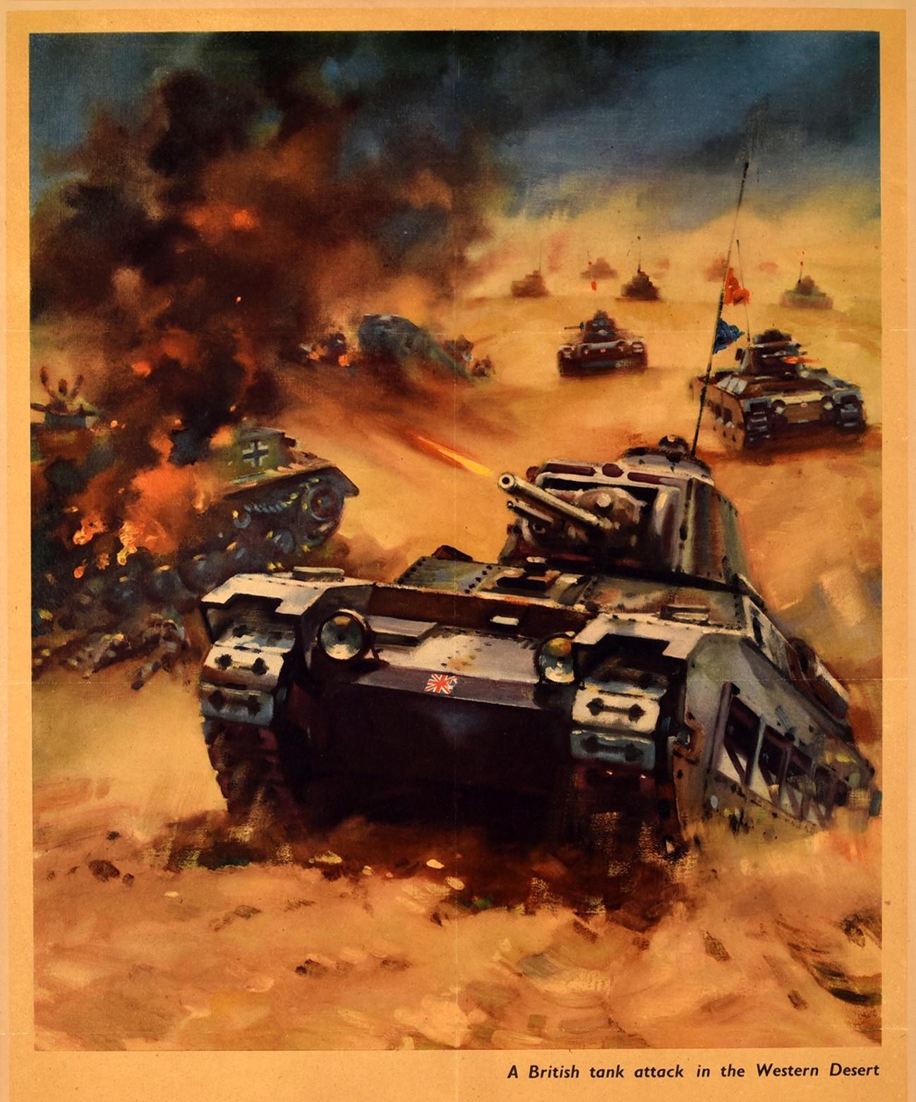 Original vintage World War Two propaganda poster, Back Them Up! A British tank attack in the Western Desert, featuring a dynamic illustration of a tank marked with a British flag on the front driving up a small sandy hill with the shot fired from