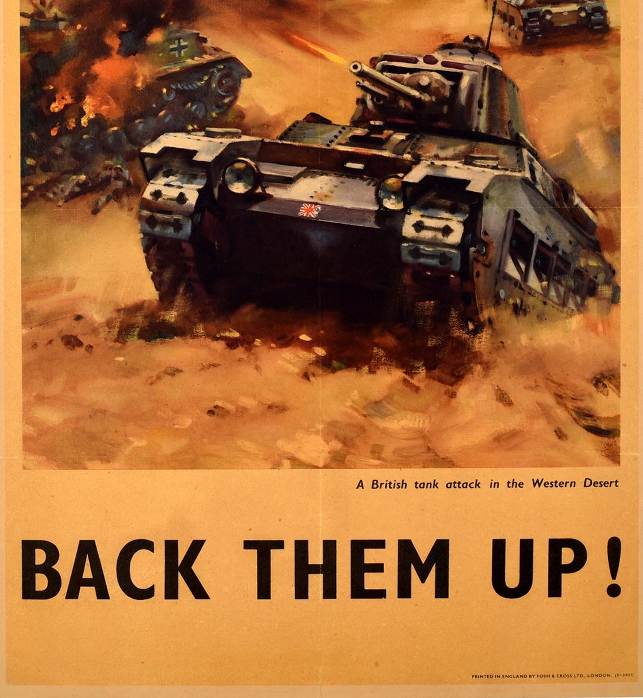 Britannique Affiche de propagande vintage d'origine de la Première Guerre mondiale - Back Them Up - Tank Attack - Désert occidental en vente