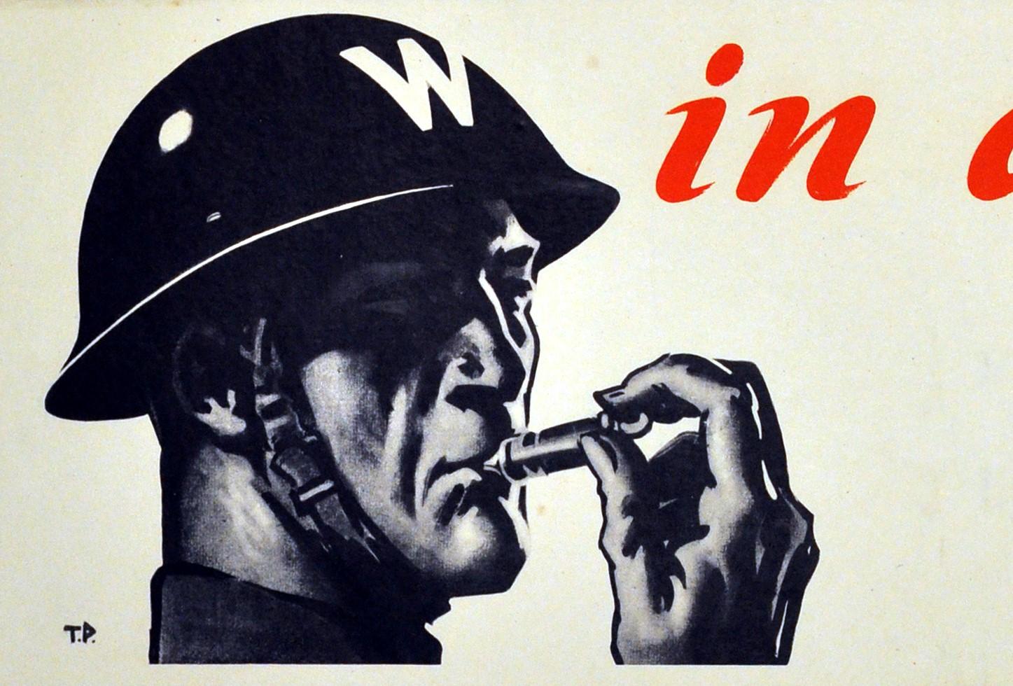 Original vintage World War Two Home Front poster featuring a stern image of an air raid precautions ARP warden in a helmet marked W blowing a whistle with the information text on the side: In a Raid - Open your door to passers-by - They need shelter