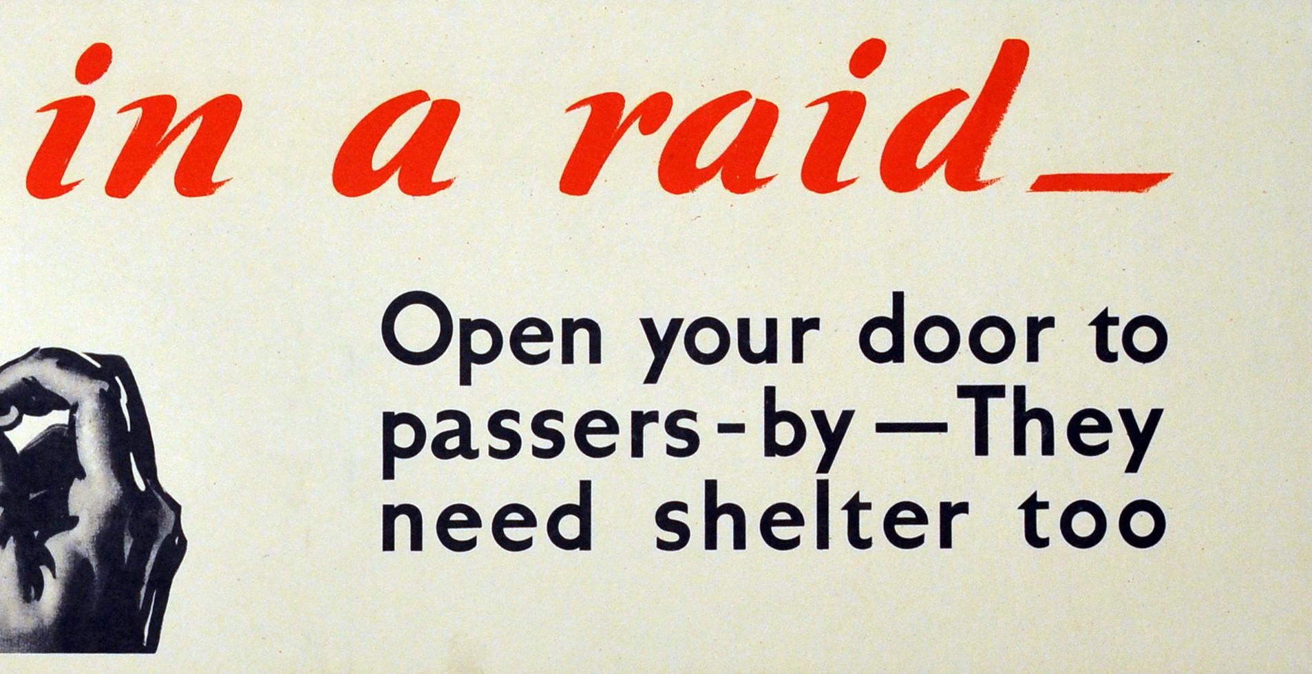 British Original Vintage WWII Home Front Poster In A Raid Open Your Door ft ARP Warden