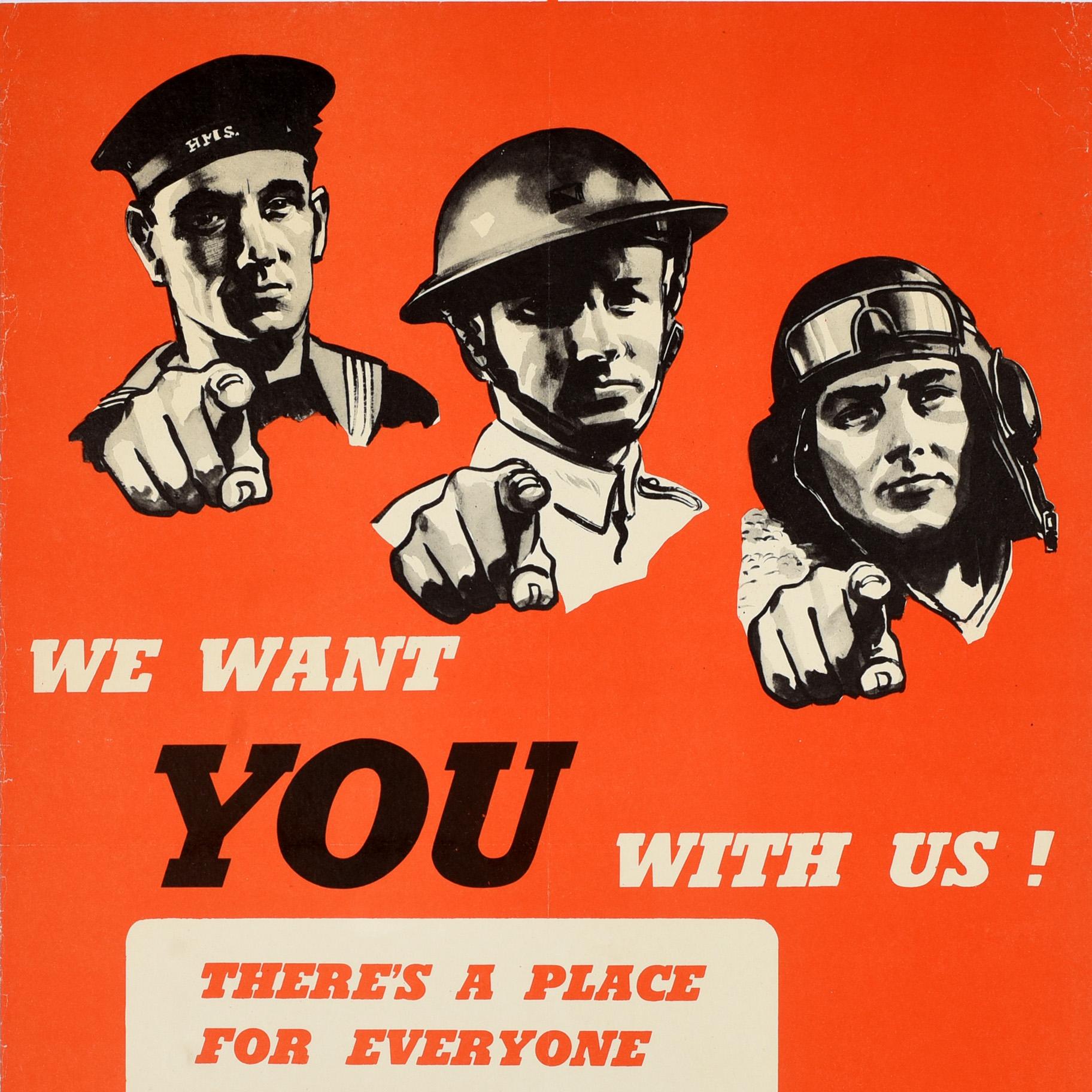 Affiche originale de propagande pour le front intérieur de la Seconde Guerre mondiale - We want You with us ! Il y a une place pour tout le monde, localement ou quelque part en Angleterre. Get into War Work cette semaine - avec un marin de la Royal
