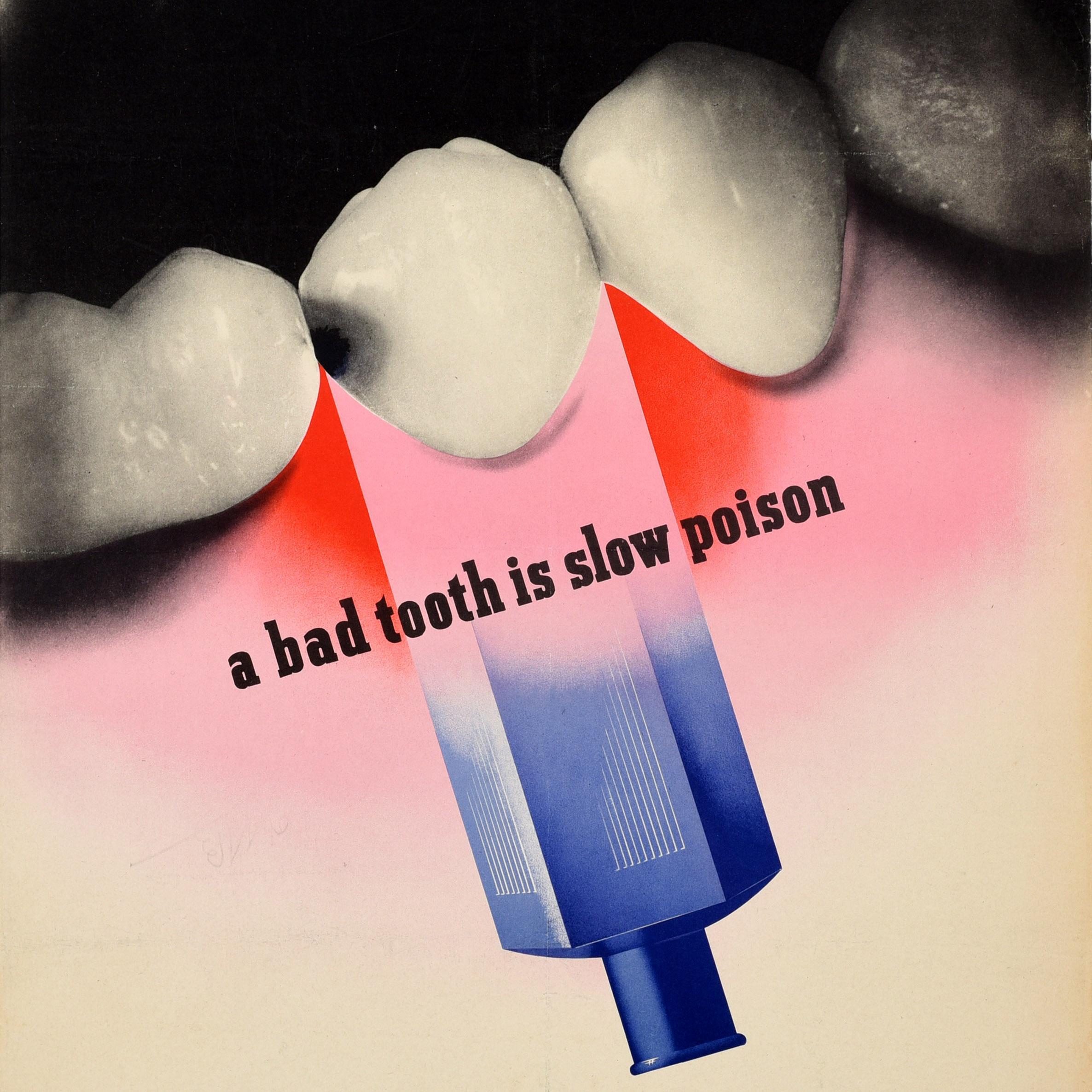 Original vintage World War Two military health poster - A bad tooth is slow poison Visit your Dental Officer regularly - featuring a great design by the notable British graphic designer Abram Games (Abraham Gamse; 1914-1996) depicting a black and