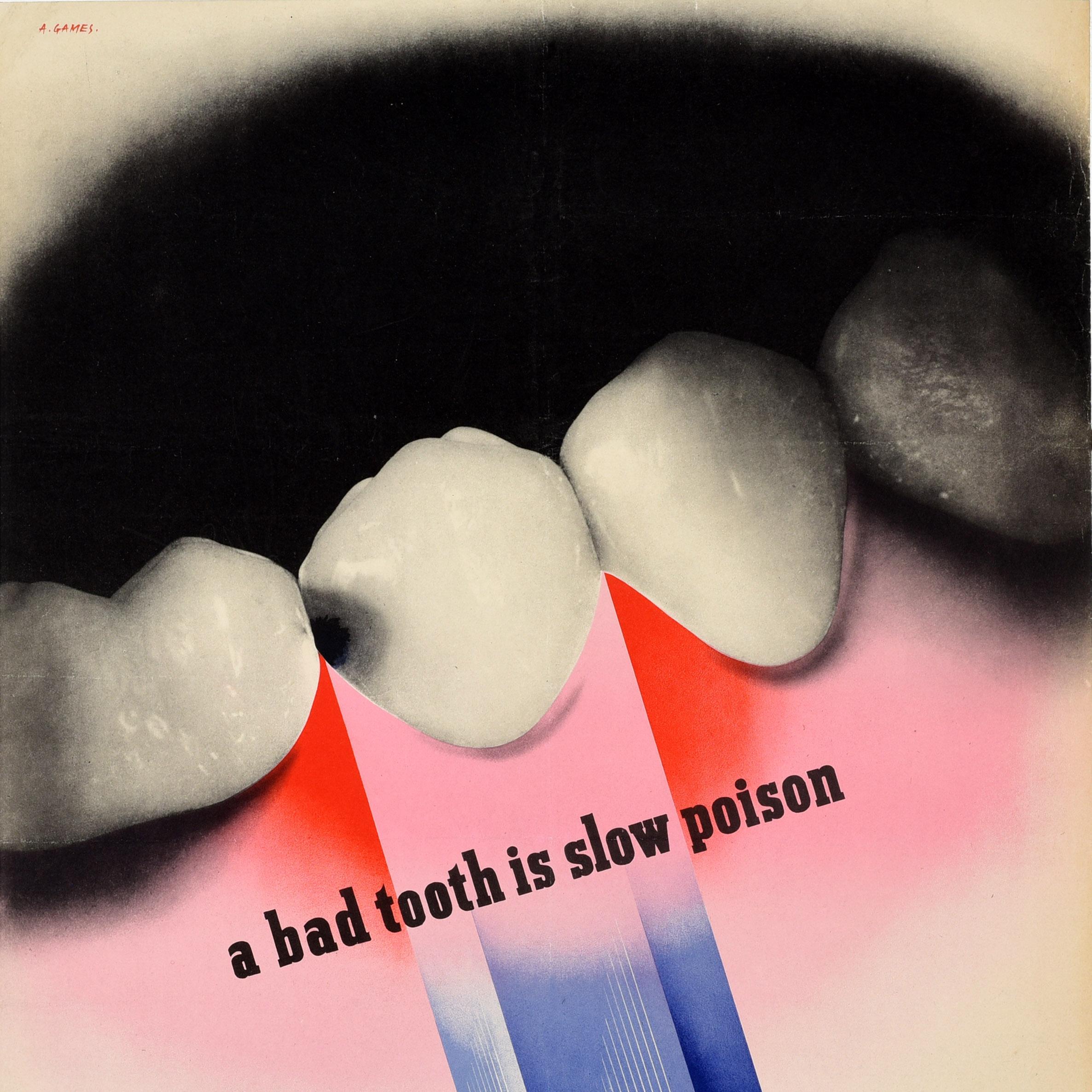 Britannique Affiche rétro originale de santé militaire de la Seconde Guerre mondiale, Bad Tooth, Slow Poison, Abram Games en vente