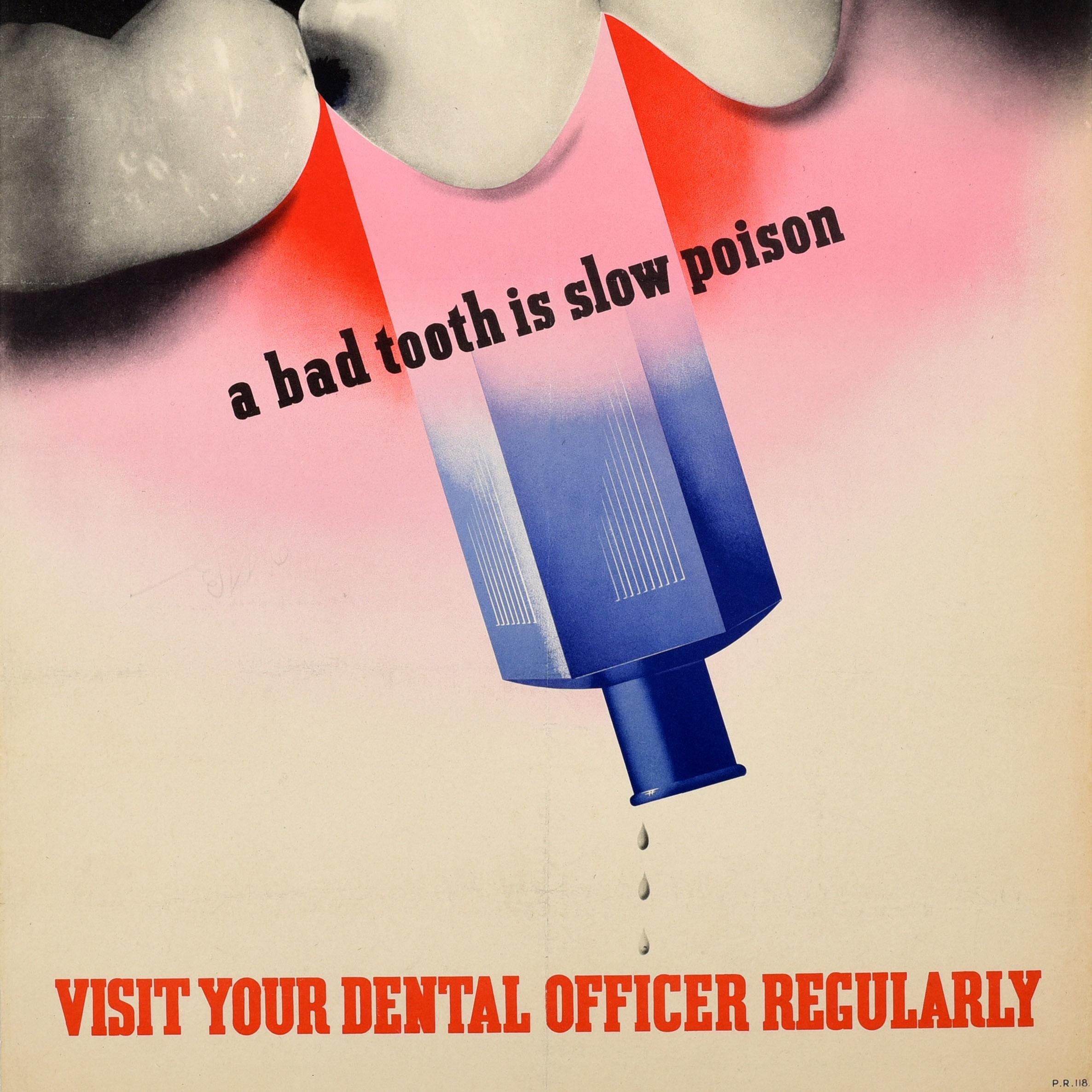 Affiche rétro originale de santé militaire de la Seconde Guerre mondiale, Bad Tooth, Slow Poison, Abram Games Bon état - En vente à London, GB