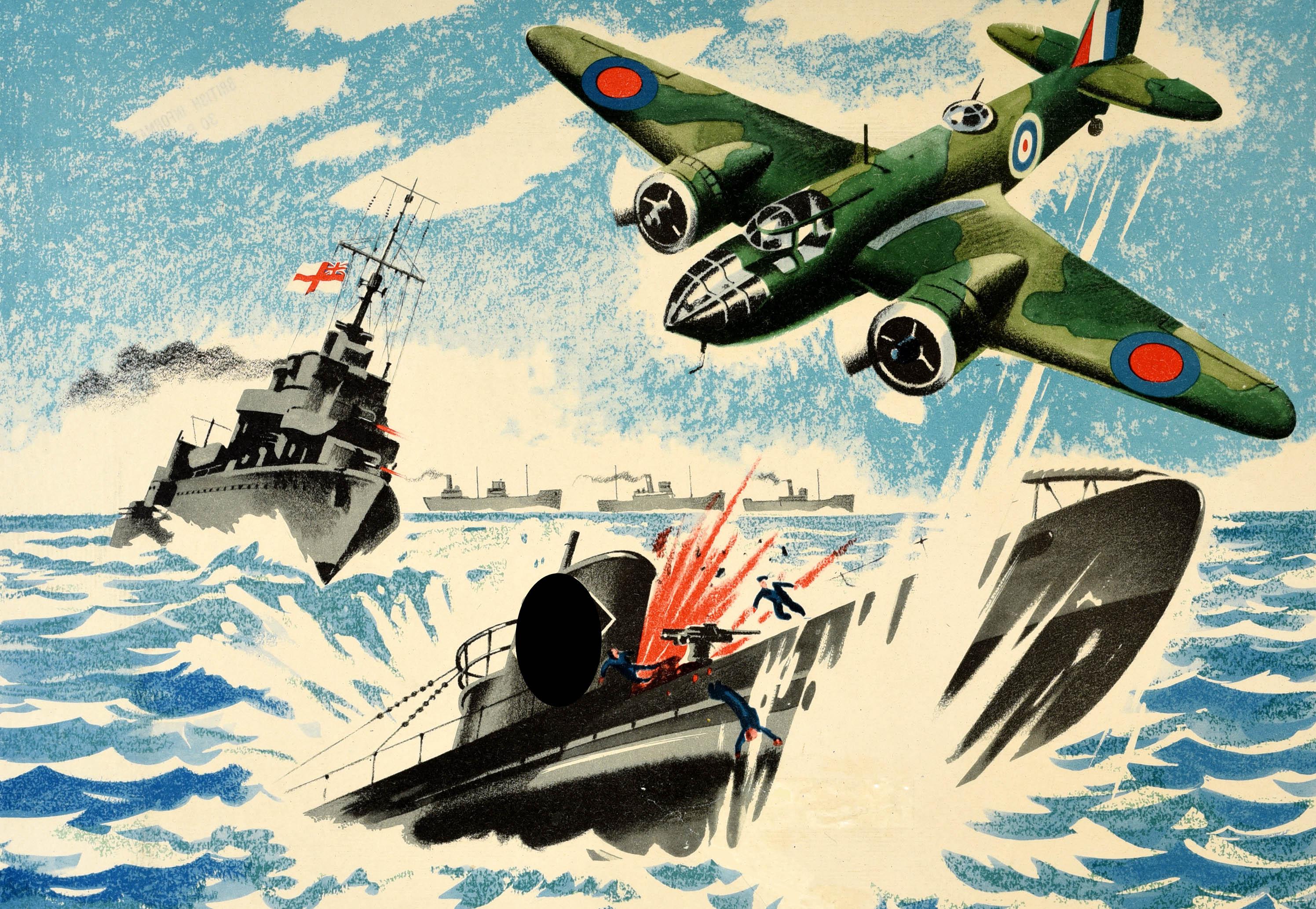 Original Vintage World War Two military propaganda poster - A British Blenheim Bomber of the Coastal Command Aids a British Destroyer in Smashing a German Submarine - with a colorful pastel image depicting a battle scene showing Royal Air Force RAF