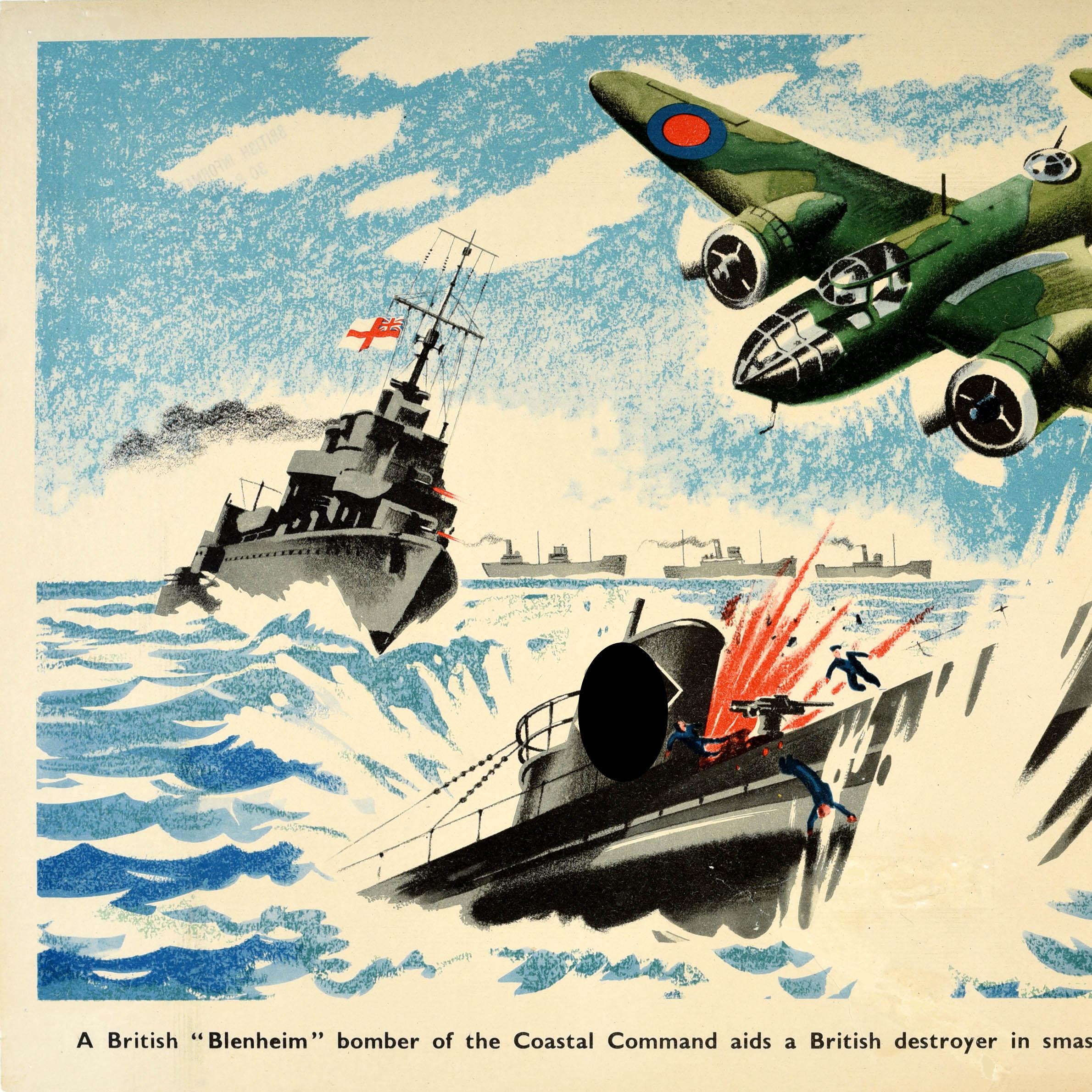 Original Vintage WWII Militärisches Propagandaplakat aus dem Zweiten Weltkrieg Blenheim Bomber Submarin Nazi (Britisch) im Angebot