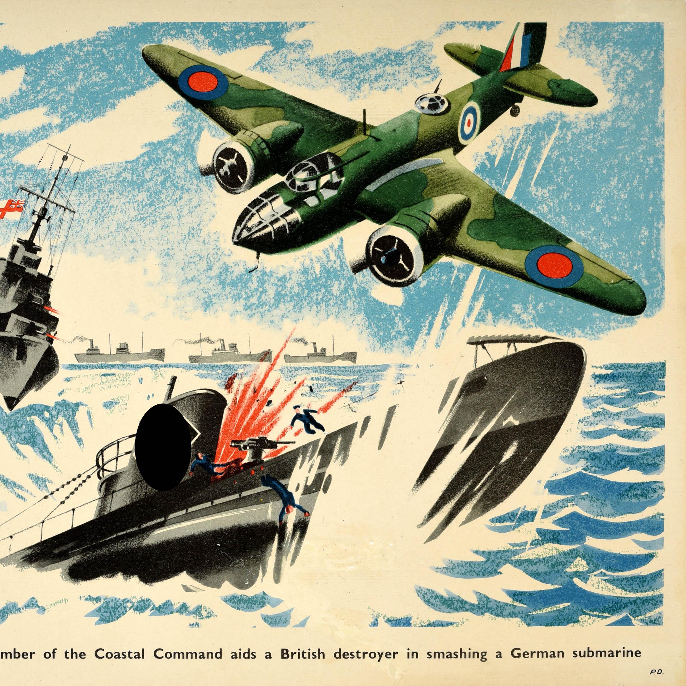 Original Vintage WWII Militärisches Propagandaplakat aus dem Zweiten Weltkrieg Blenheim Bomber Submarin Nazi im Zustand „Gut“ im Angebot in London, GB
