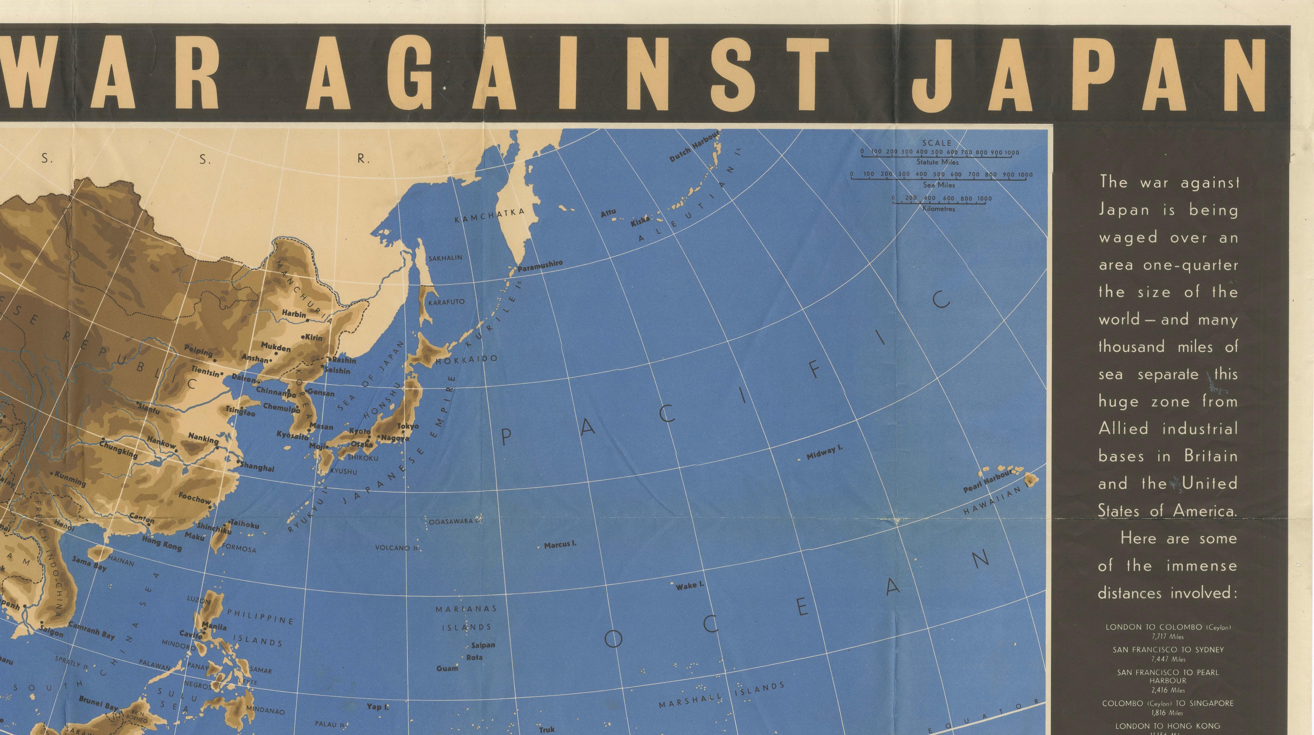 Original Vintage WWII Pacific Theater Map “The War Against Japan” Poster, 1944