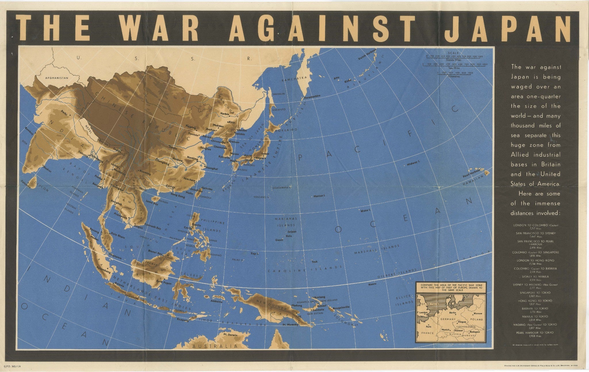 Original Vintage WWII Pacific Theater Map “The War Against Japan” Poster, 1944