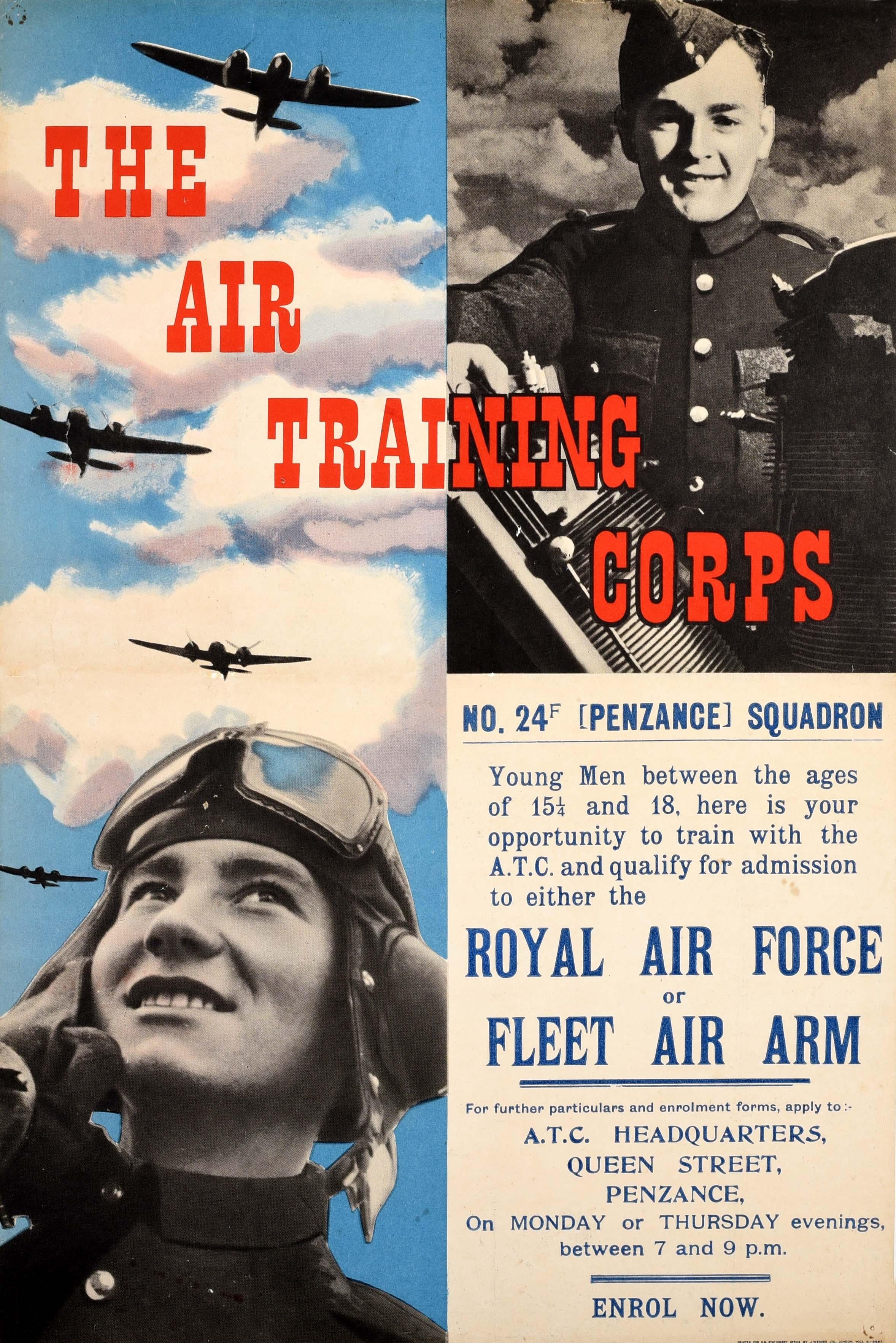 Original vintage World War Two recruitment propaganda poster for The Air Training Corps featuring the text - No 24F Penzance Squadron Young Men between the ages of 15 1/4 and 18 here is your opportunity to train with the ATC and qualify for