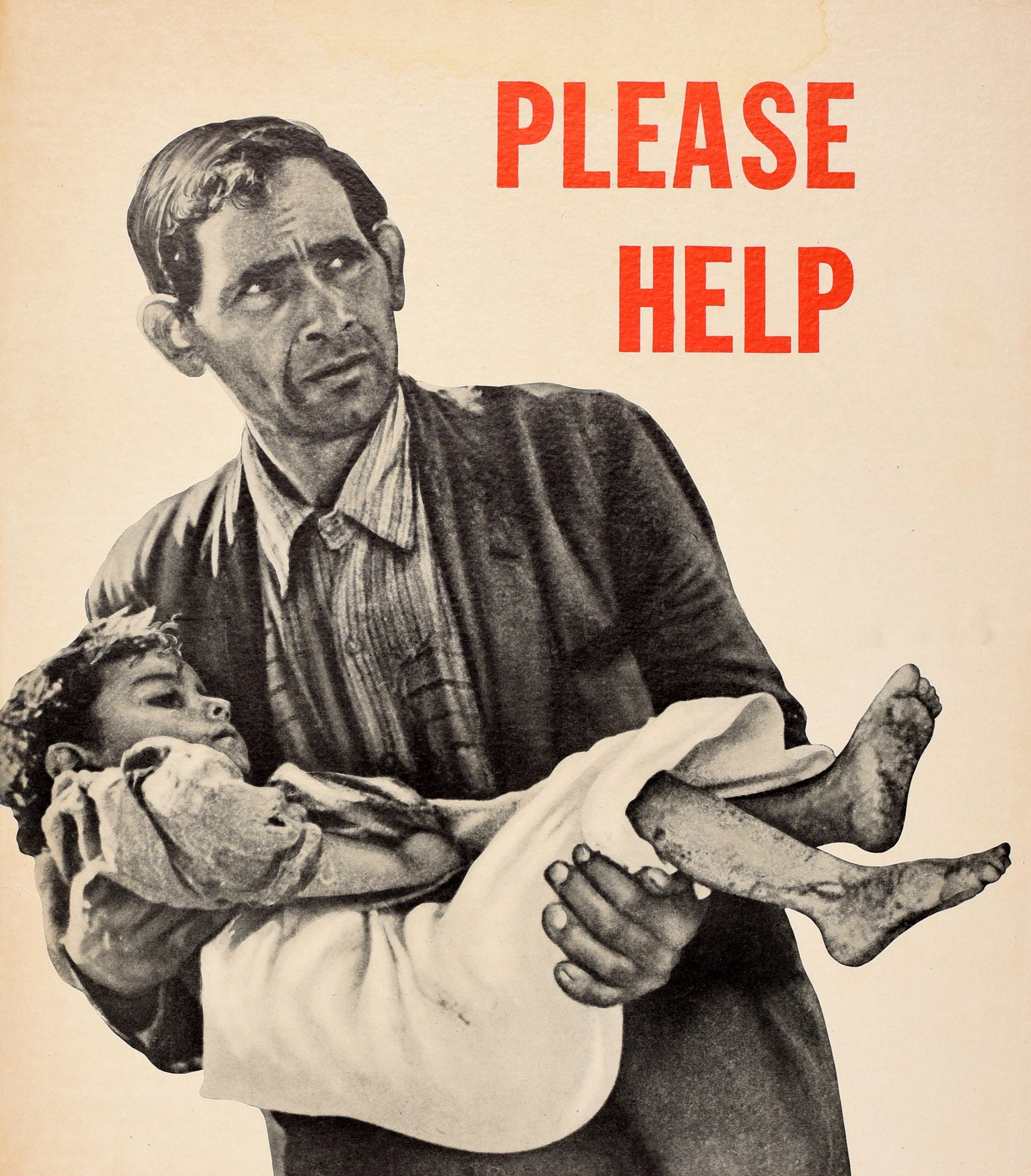 Poster originale d'epoca per la raccolta di fondi per la Seconda Guerra Mondiale - Please Help American Relief for Italy Inc. Member Agency National War Fund - con la fotografia di un uomo che porta in braccio una bambina e guarda in lontananza, il