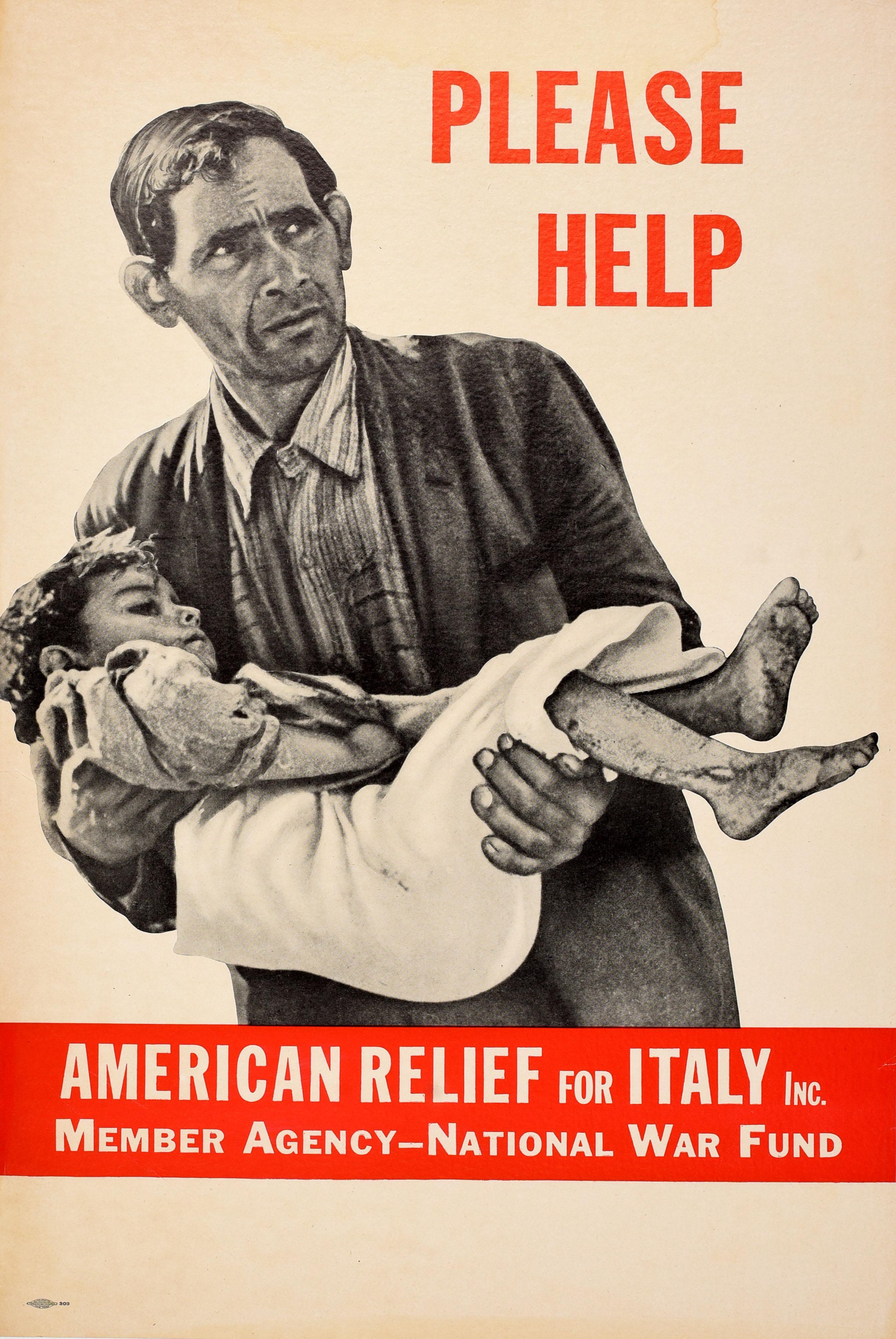 Metà XX secolo Poster originale d'epoca per la seconda guerra mondiale American Relief Italy Please Help National War Fund in vendita