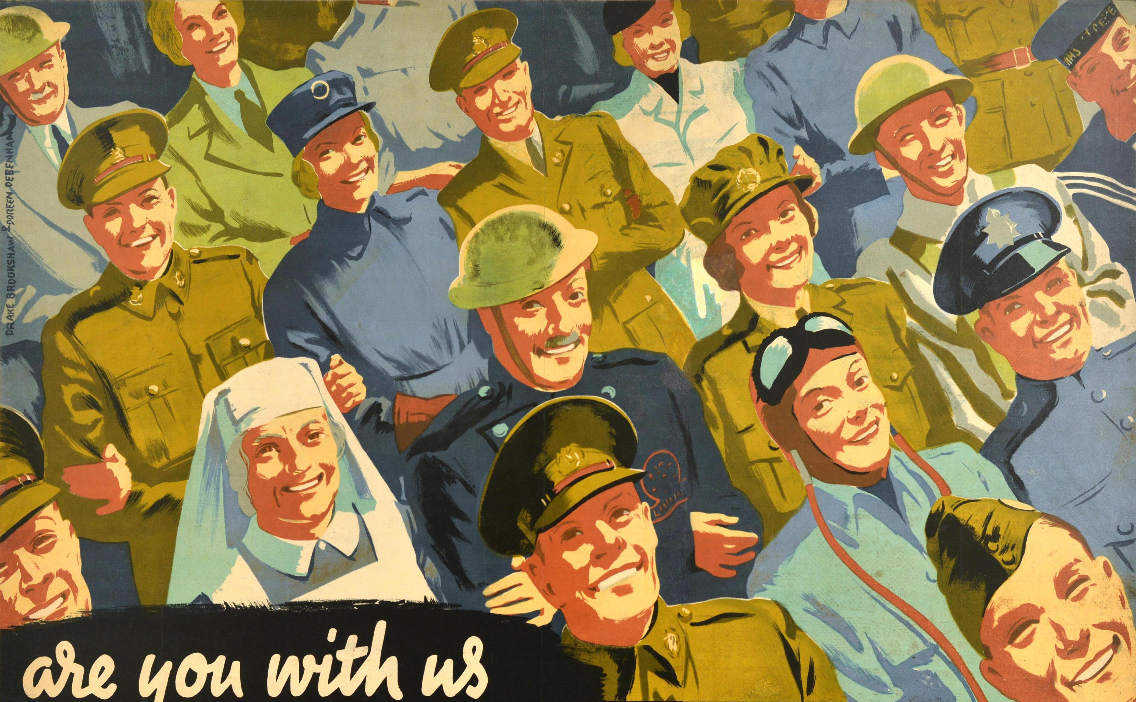 Original vintage British propaganda poster - Are you with us in National Service? Colourful image showing smiling men and women in uniform looking up to the viewer with their arms linked together, including military officers, soldiers, pilots,