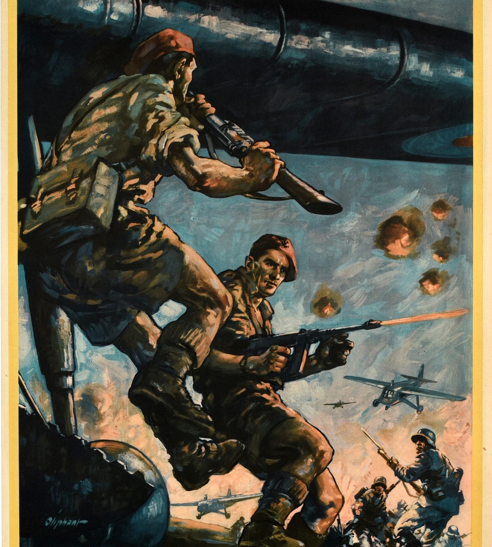 Original vintage World War Two propaganda poster - Back Them Up! Britain's new Airborne Army goes into action in Europe - featuring a dynamic battle scene depicting British soldiers in uniform wearing their maroon berets (the Red Berets of the