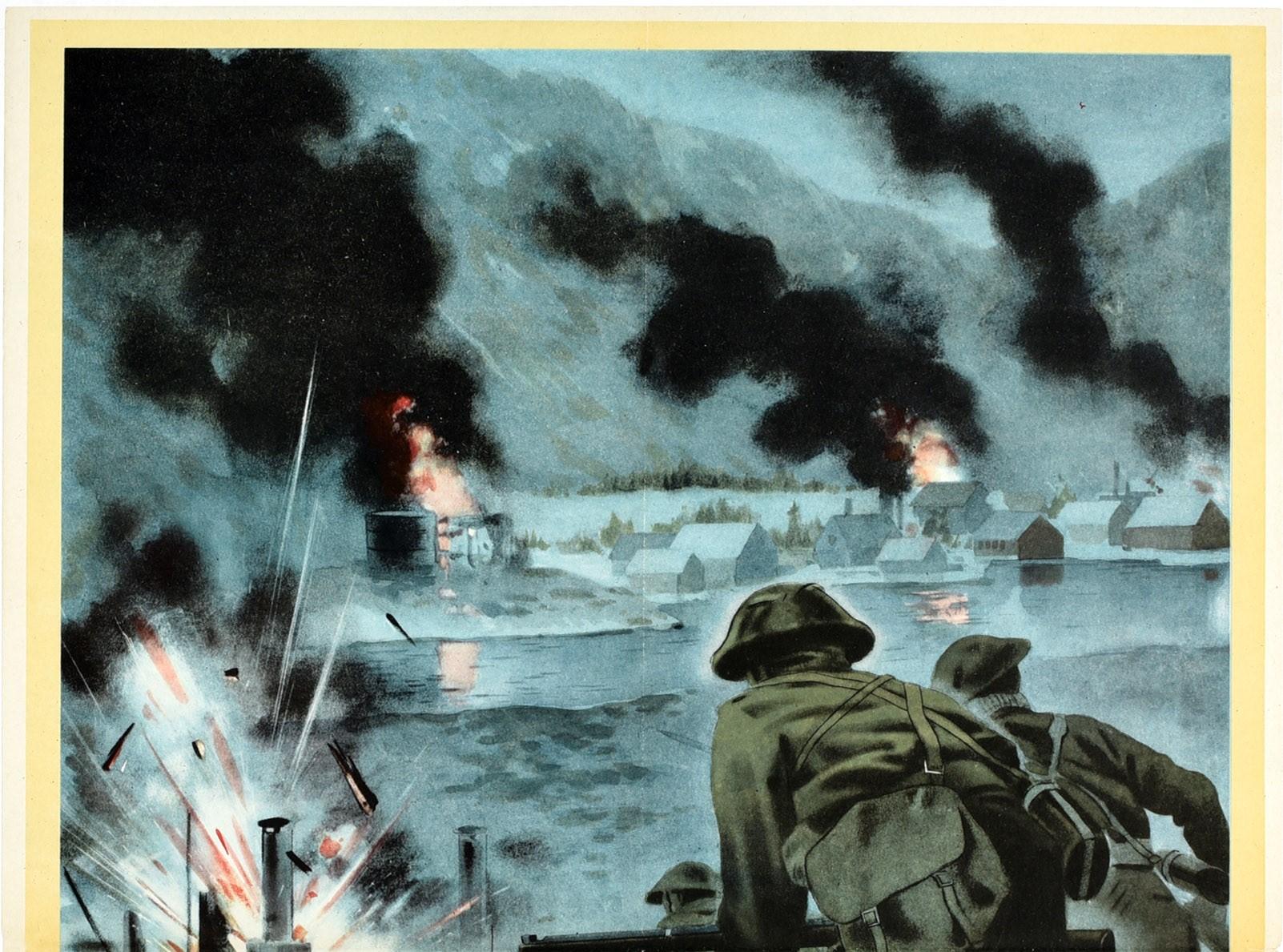 Originales Propagandaposter aus dem Zweiten Weltkrieg - Back Them Up! Dynamische Illustration einer Kampfszene mit britischen Soldaten mit Bajonettgewehren, die einen Hügel hinunter in Richtung eines von den Deutschen gehaltenen Hafens in Norwegen