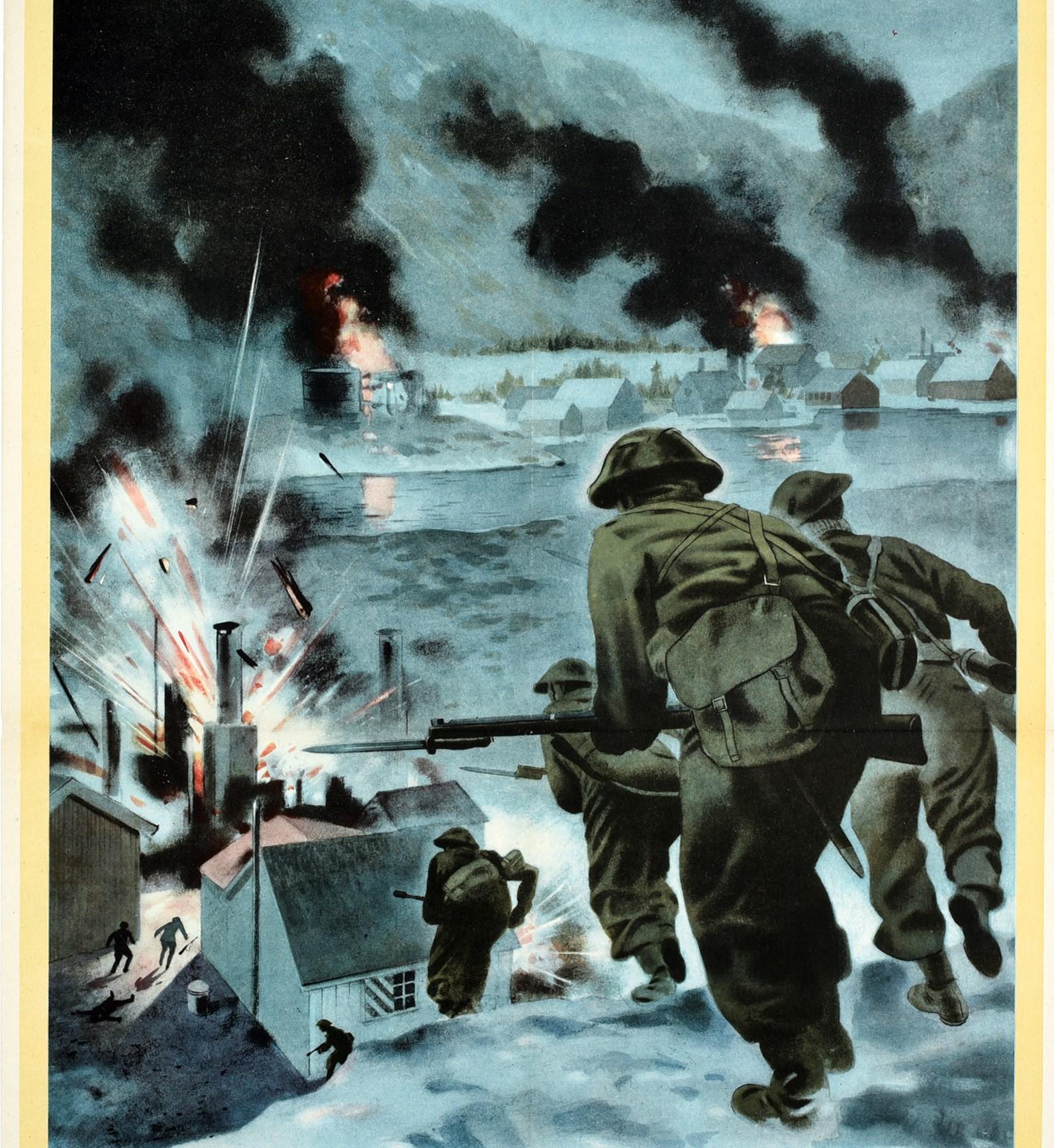Original Vintage-WWII-Poster, „Back Them Up“, Britischer Commando auf einem Norwegener Hafen, Original (Mitte des 20. Jahrhunderts) im Angebot