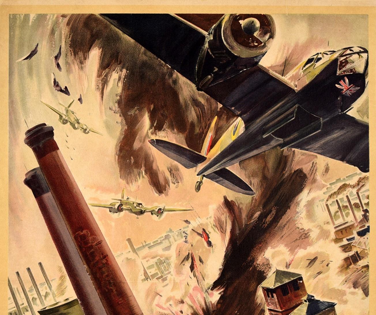 Original vintage World War Two poster - Back Them Up! - featuring dynamic artwork by Leslie James Gardner (1907-1995) depicting RAF Royal Air Force Bristol Blenheim aircraft dropping bombs during a raid on an Industrial facility near Cologne / Koln