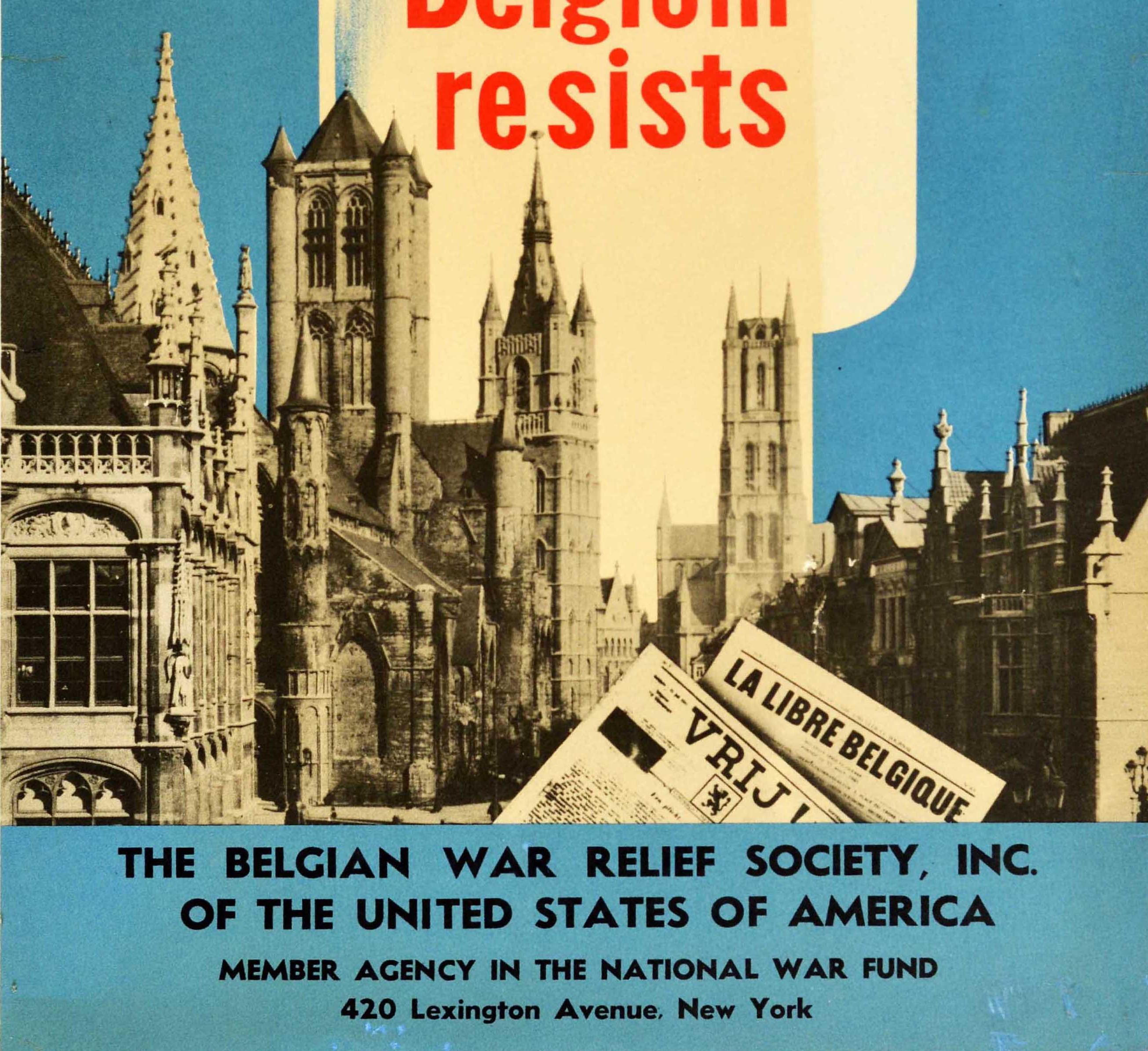Américain Original Vintage WWII Poster Belgium Resists V Victory Sign War Relief Fund USA en vente